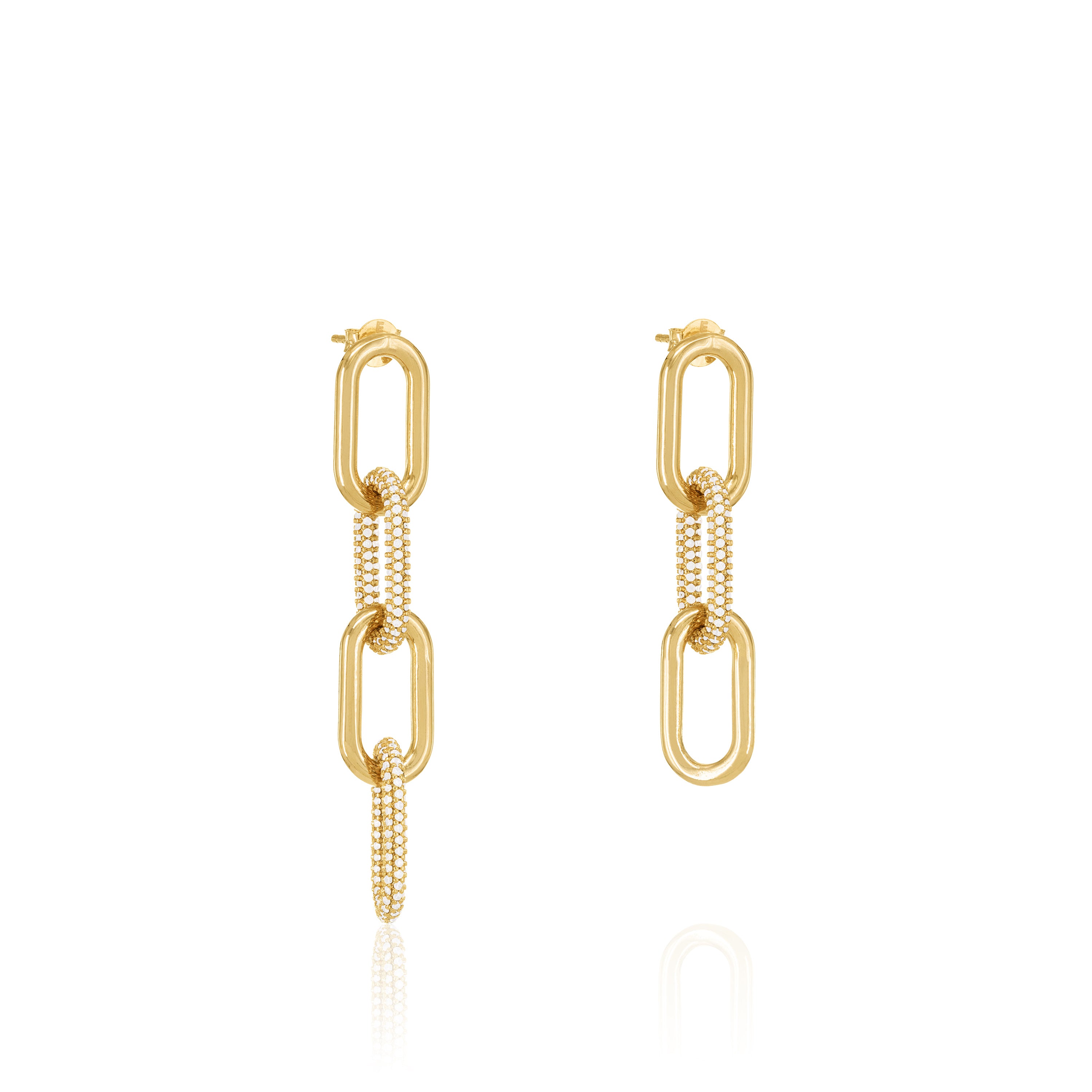 Asymmetric Half Pave Paperclip Chain Link Earrings - Gold White