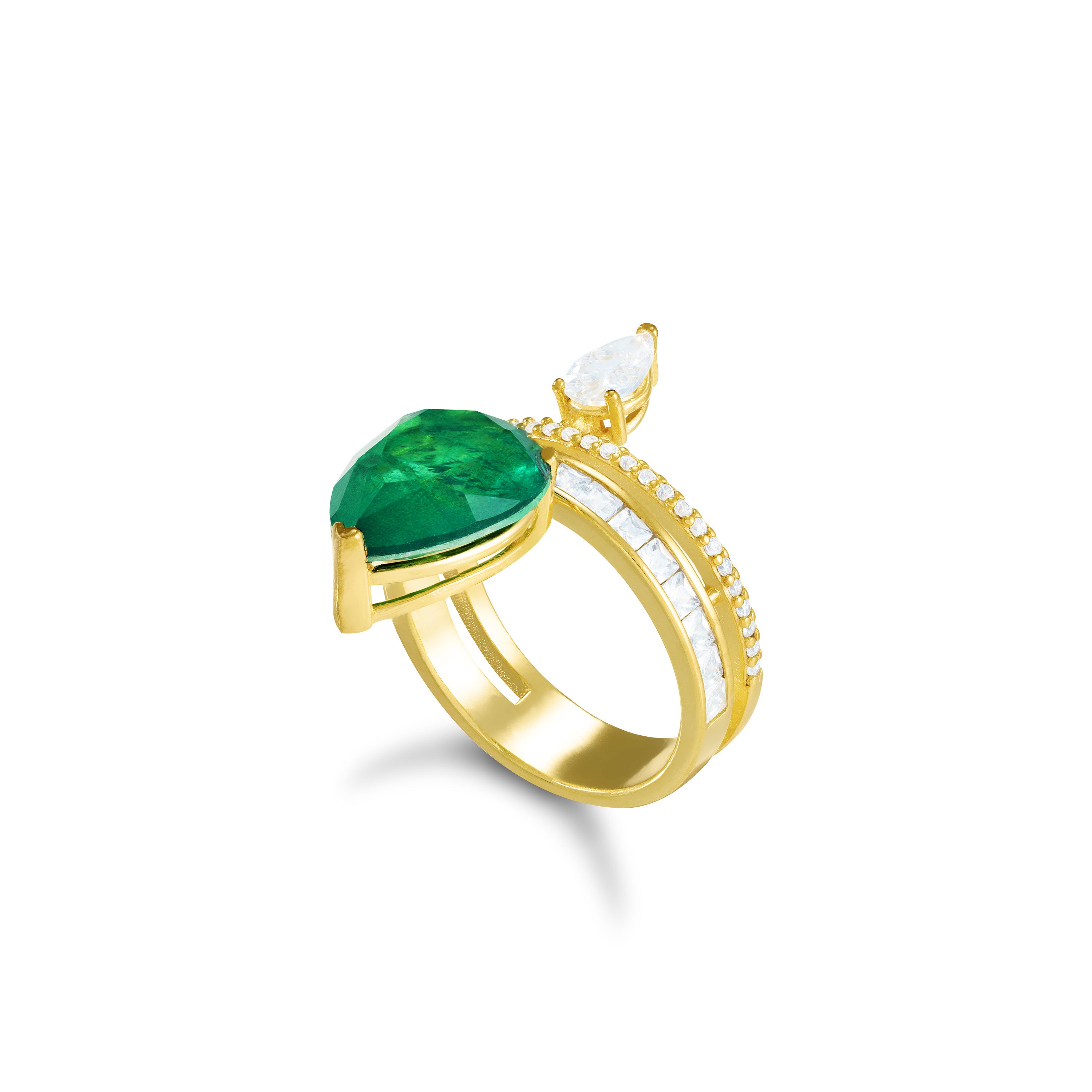 Asymmetric Two Teardrop Cubic Zirconia And Princess Cut Bar Ring - Gold Green And White
