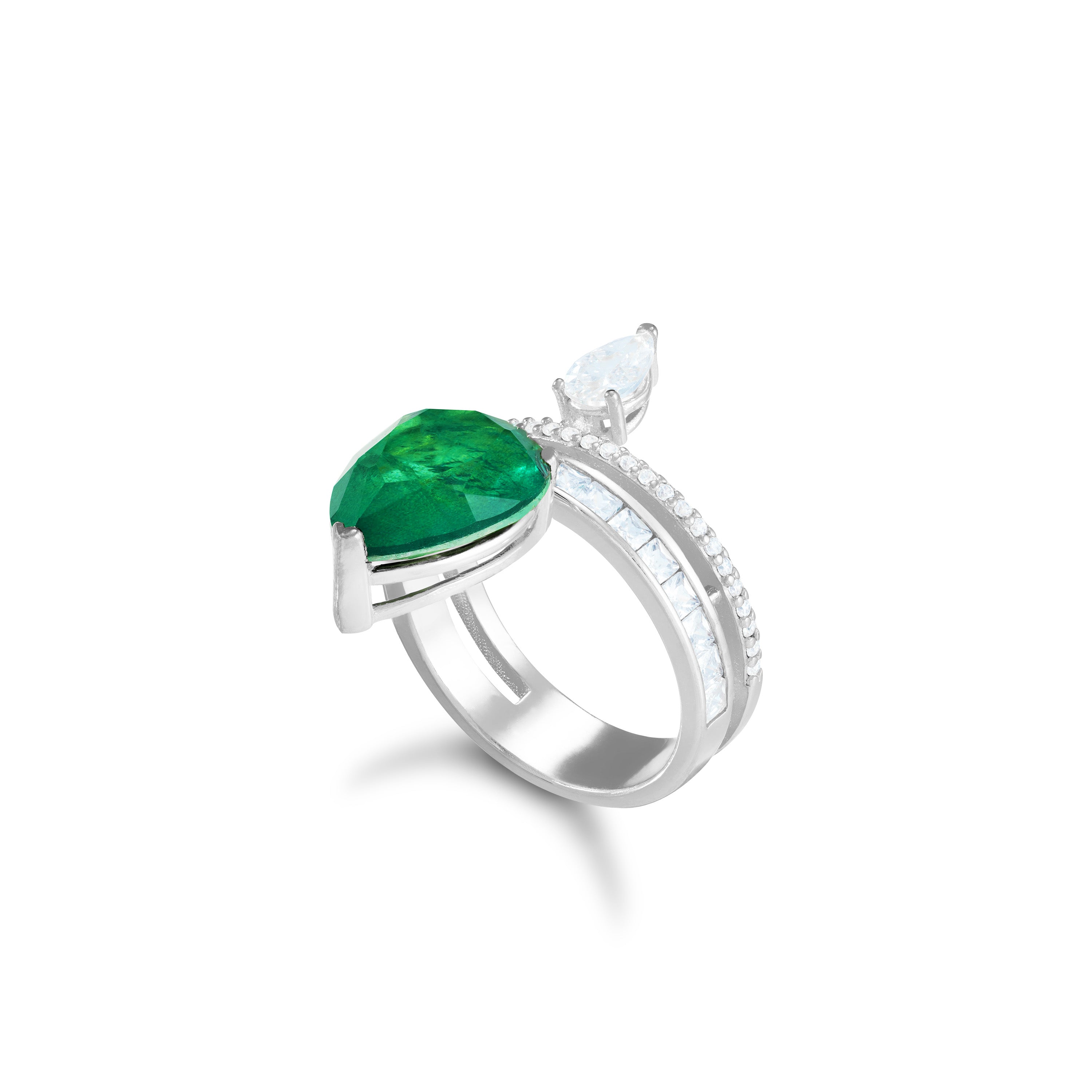 Asymmetric Two Teardrop Cubic Zirconia And Princess Cut Bar Ring - Silver Green And White
