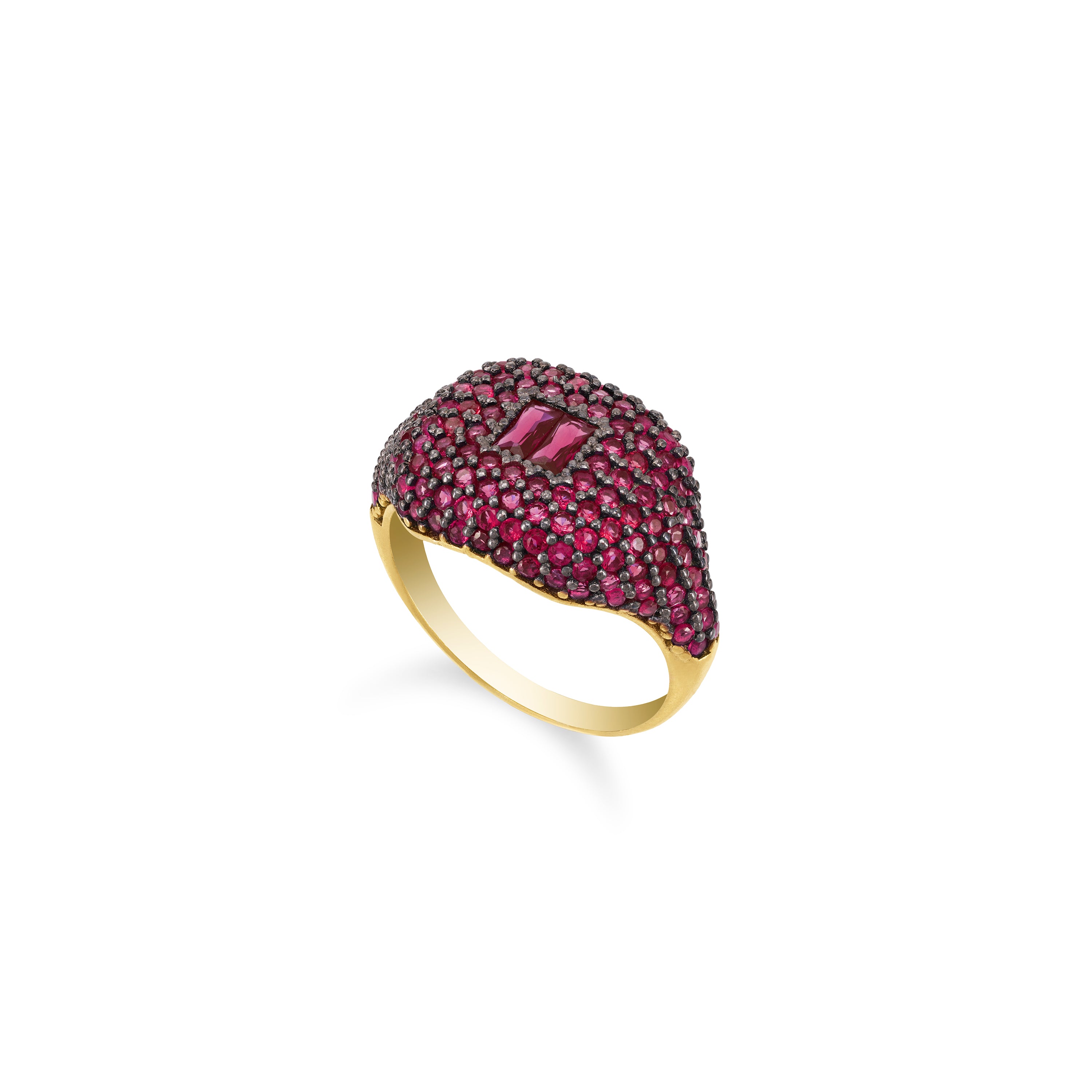 Baguette Centered Cubic Zirconia Dome Ring - Gold Fuchsia
