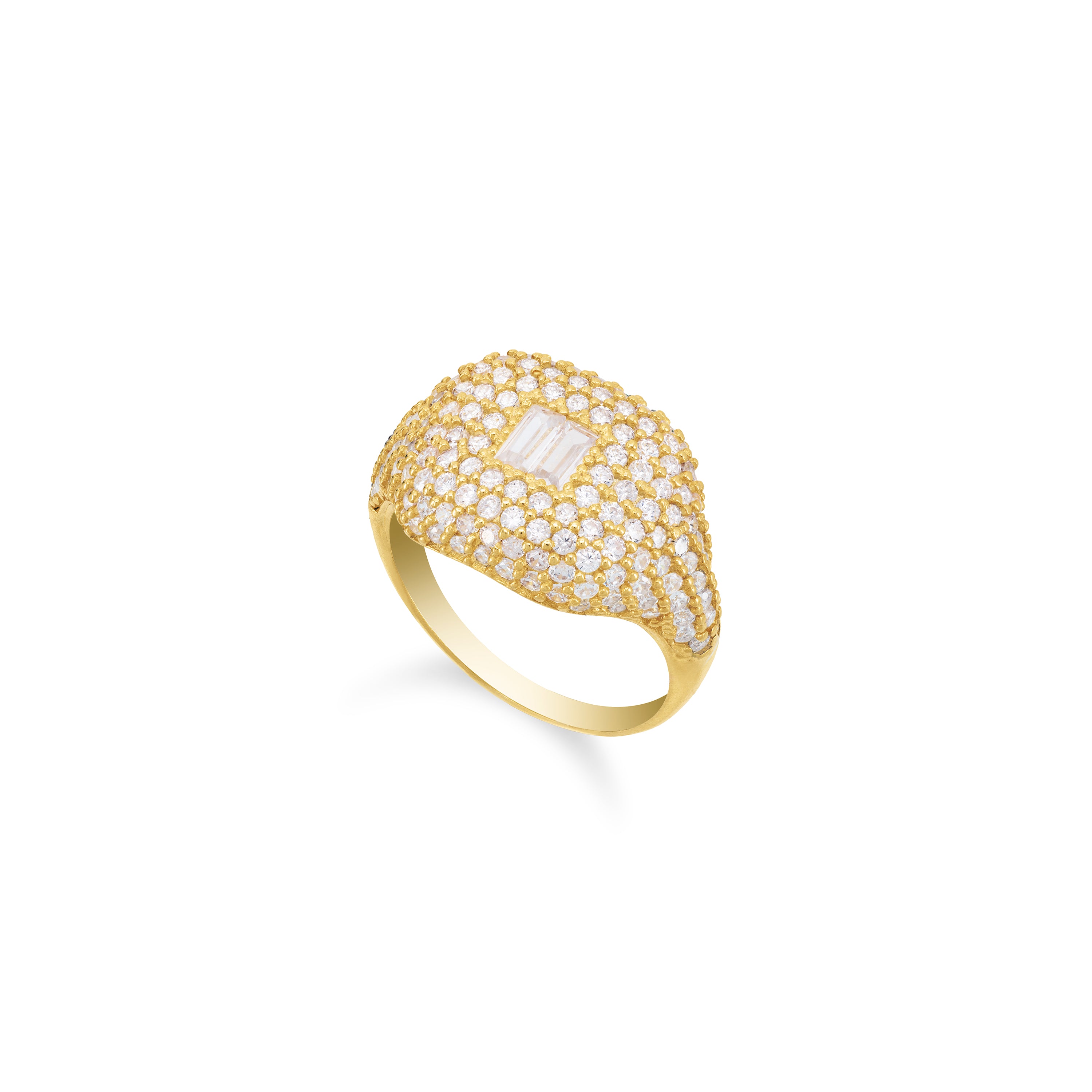 Baguette Centered Cubic Zirconia Dome Ring - Gold White