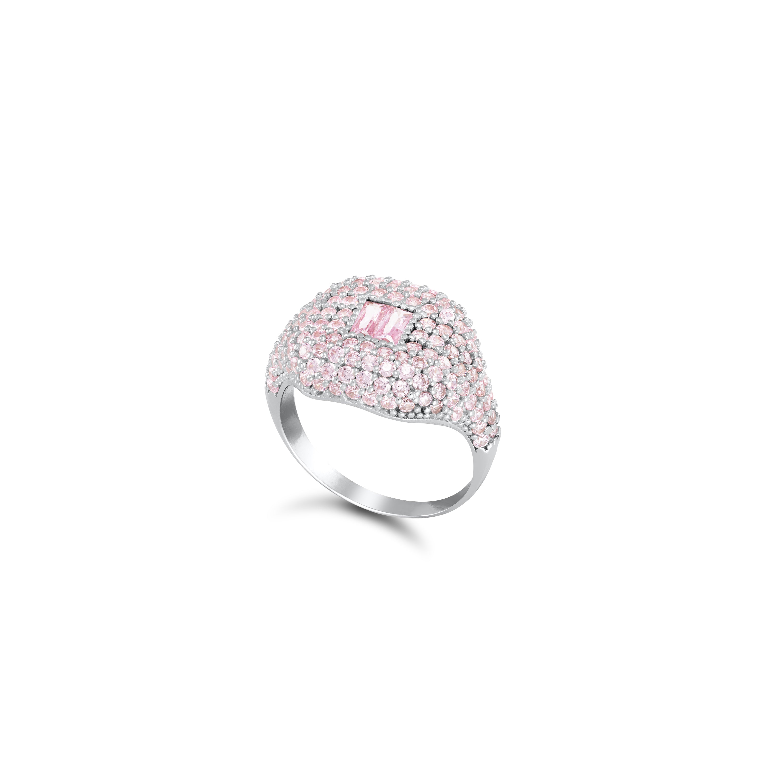Baguette Centered Cubic Zirconia Dome Ring - Silver Light Pink
