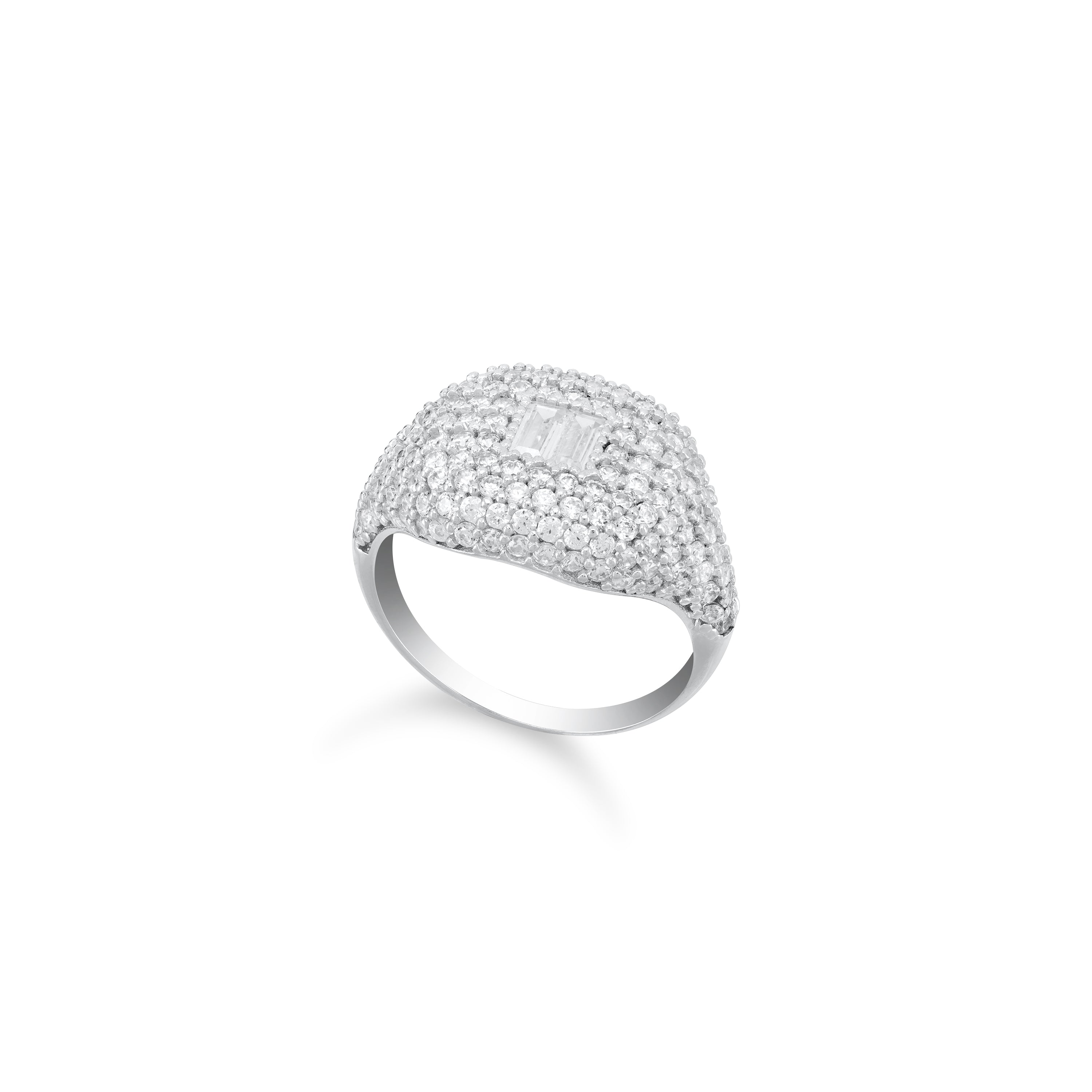 Baguette Centered Cubic Zirconia Dome Ring - Silver White