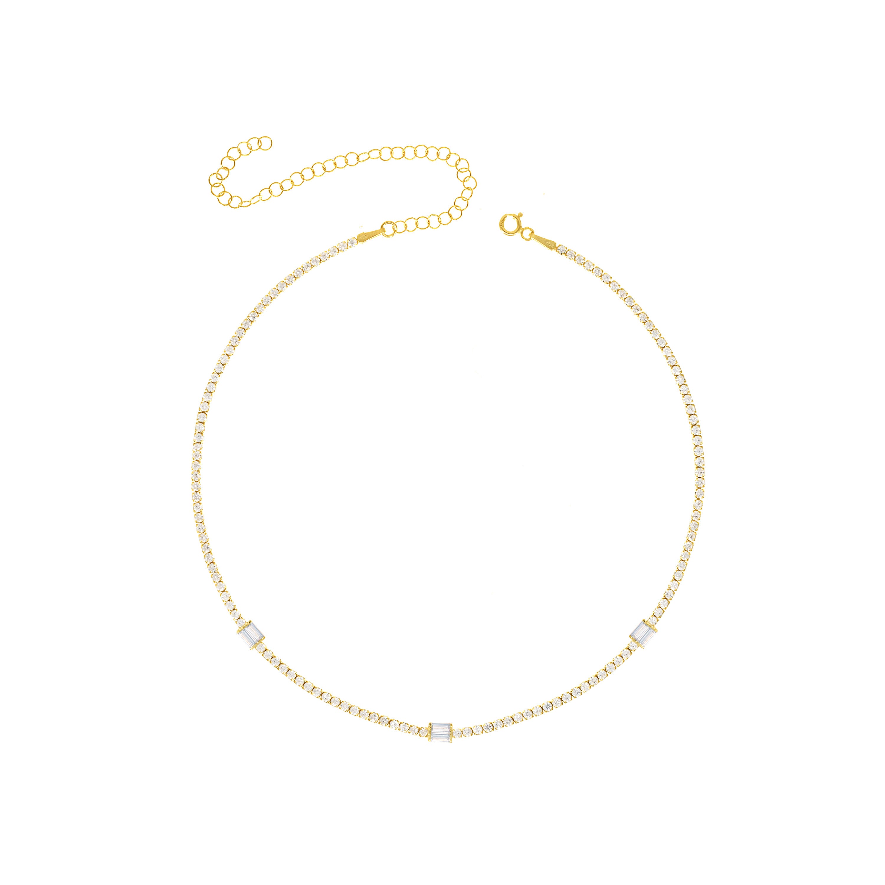 Baguette Cut Tennis Choker - Gold White - Three Baguette