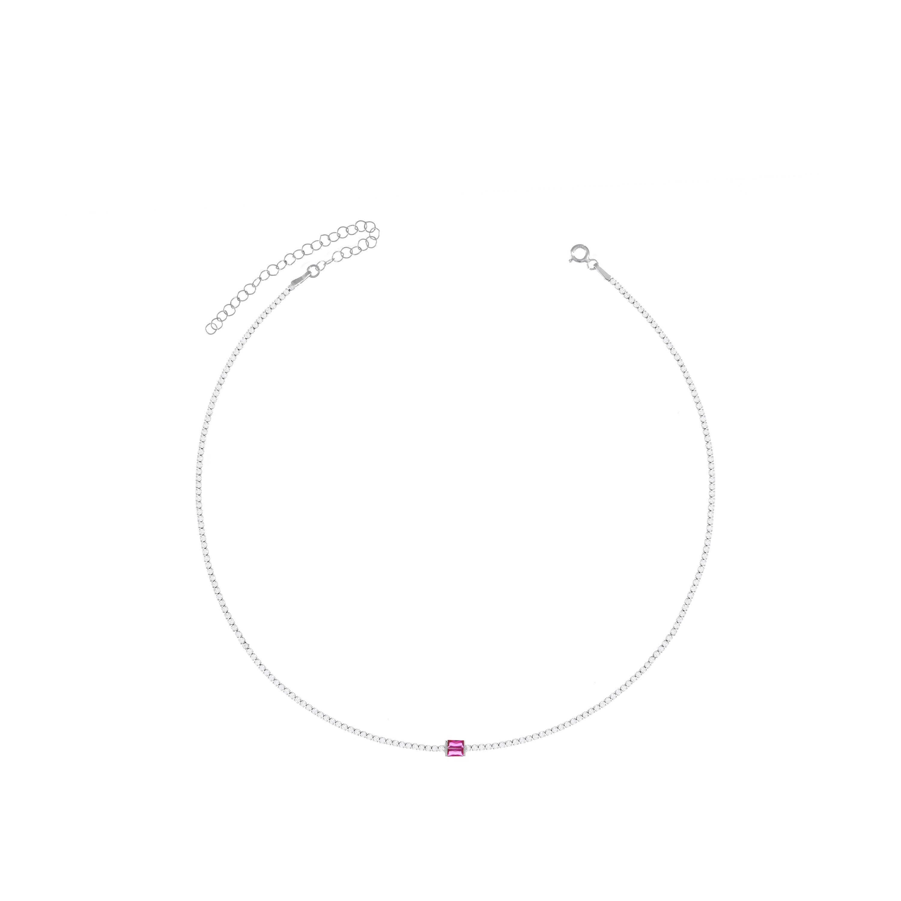 Baguette Cut Tennis Choker - Silver Fuchsia And White - One Baguette
