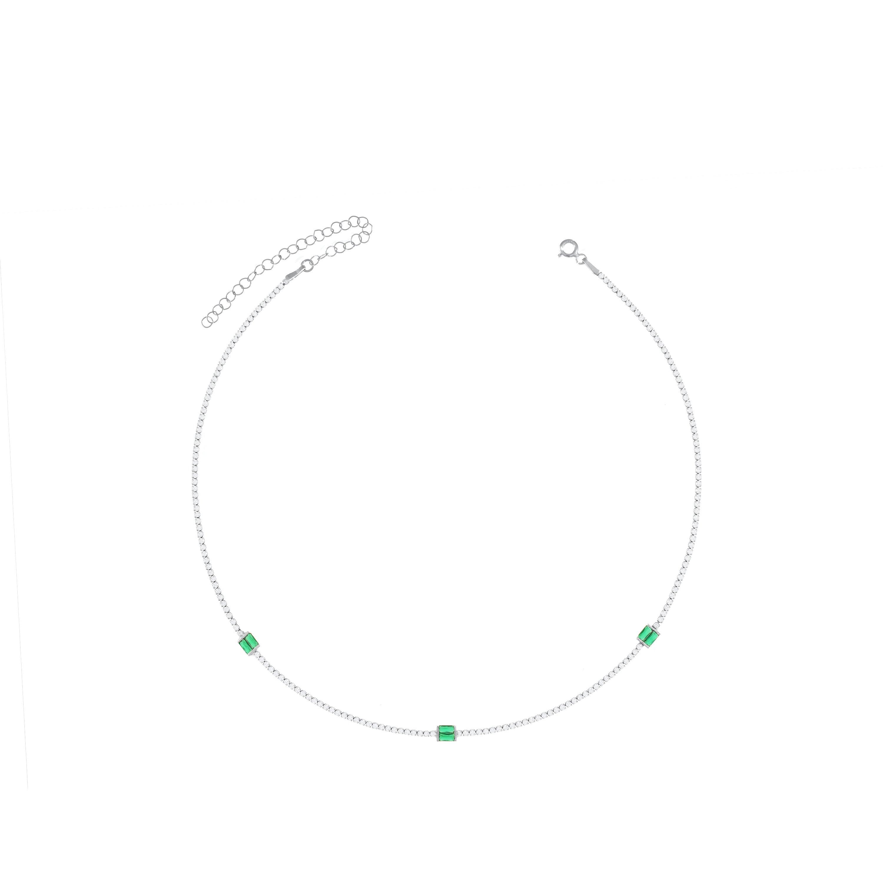Baguette Cut Tennis Choker - Silver Green And White - Three Baguette