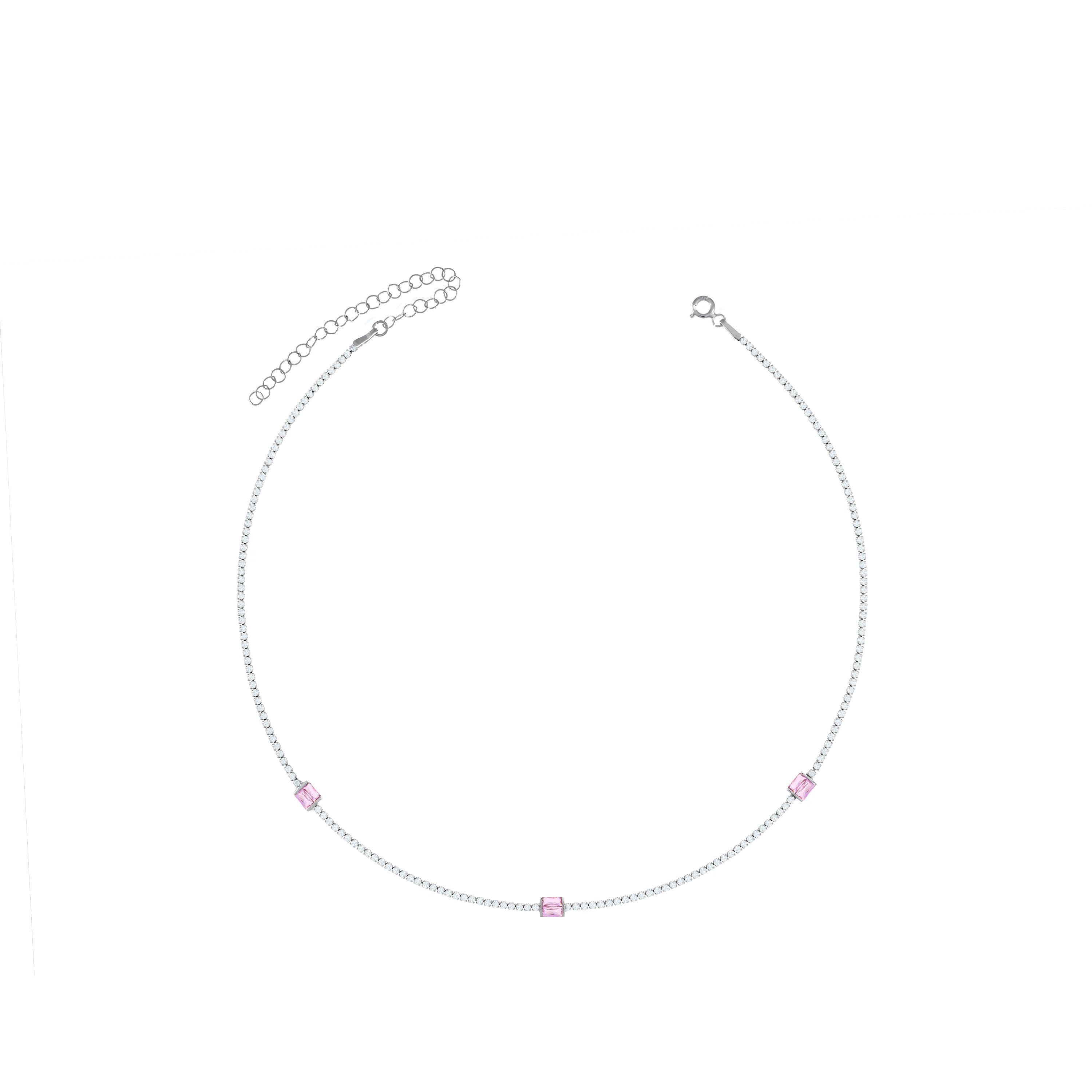 Baguette Cut Tennis Choker - Silver Light Pink And White - Three Baguette