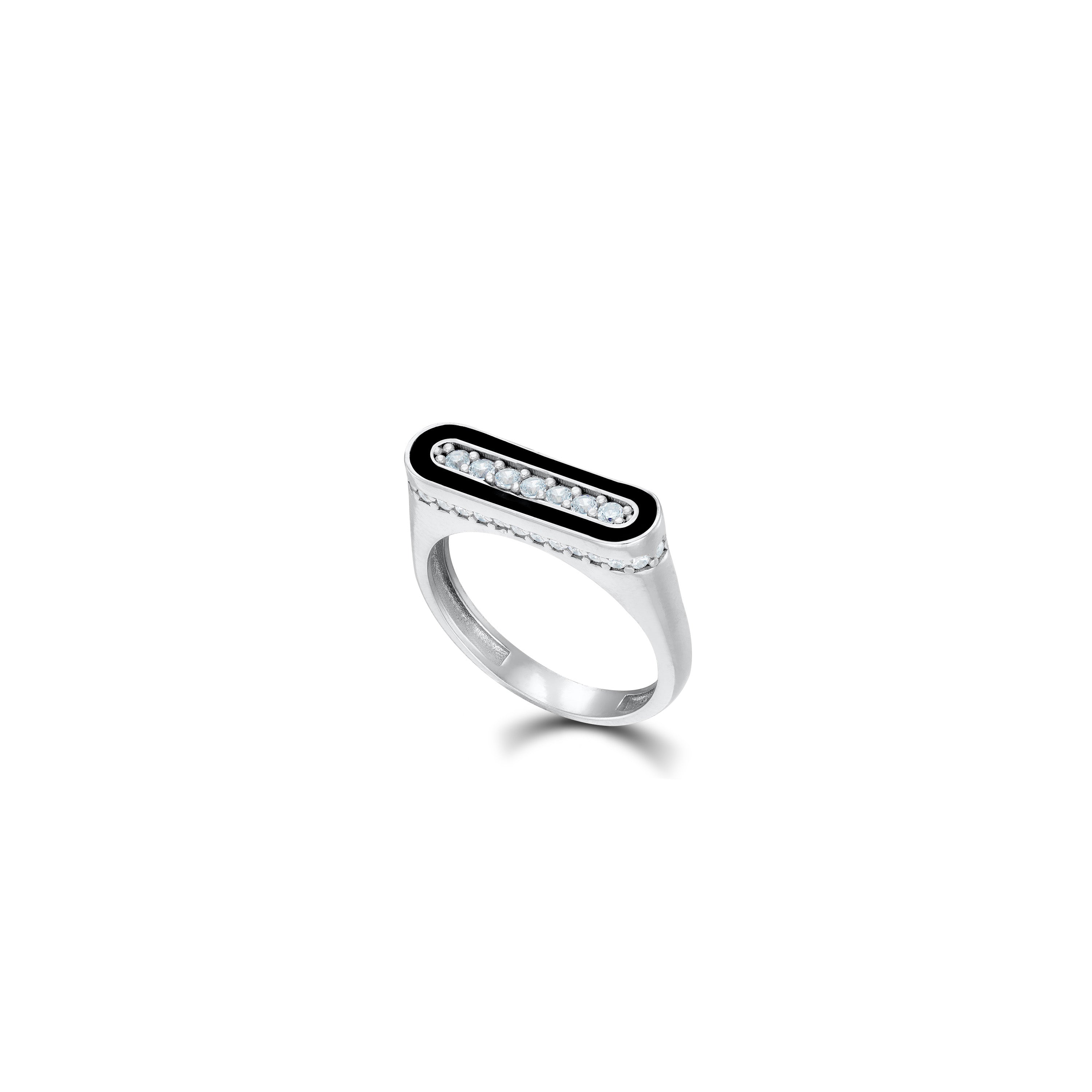 Bar And Side Cubic Zirconia Enamel Pinky Ring - Silver Black