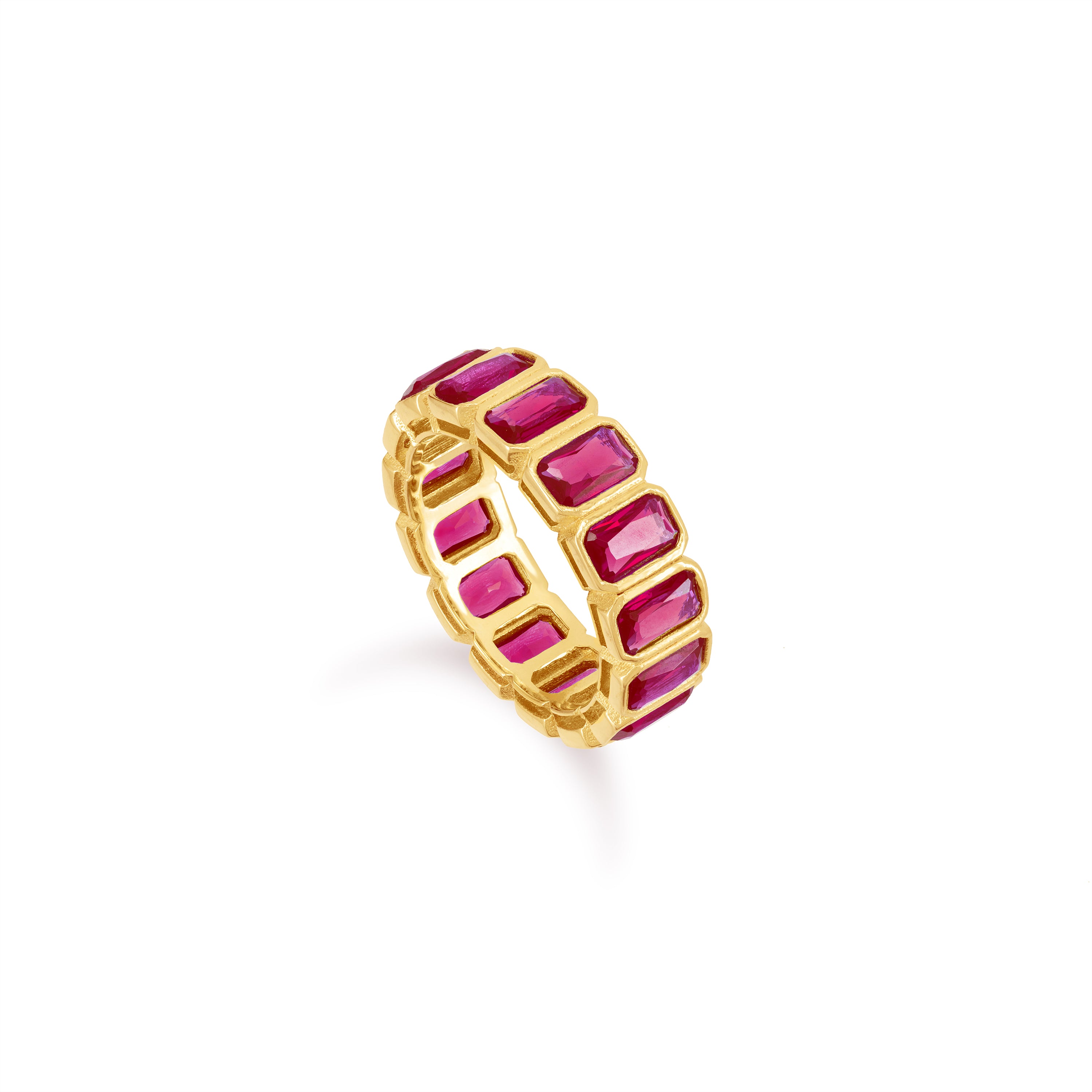 Bezel Emerald Cut Eternity Ring - Gold Fuchsia