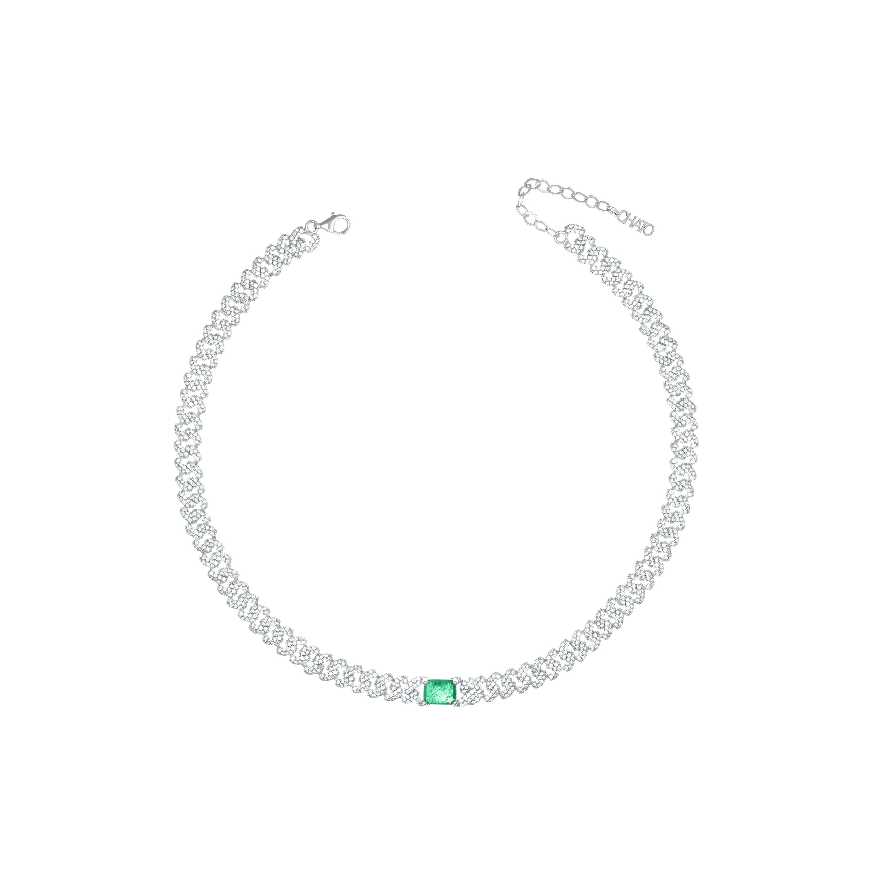 Big Stone Emerald Cut Pave Cuban Chain Choker - Silver Green Matt And White - Big Cuban