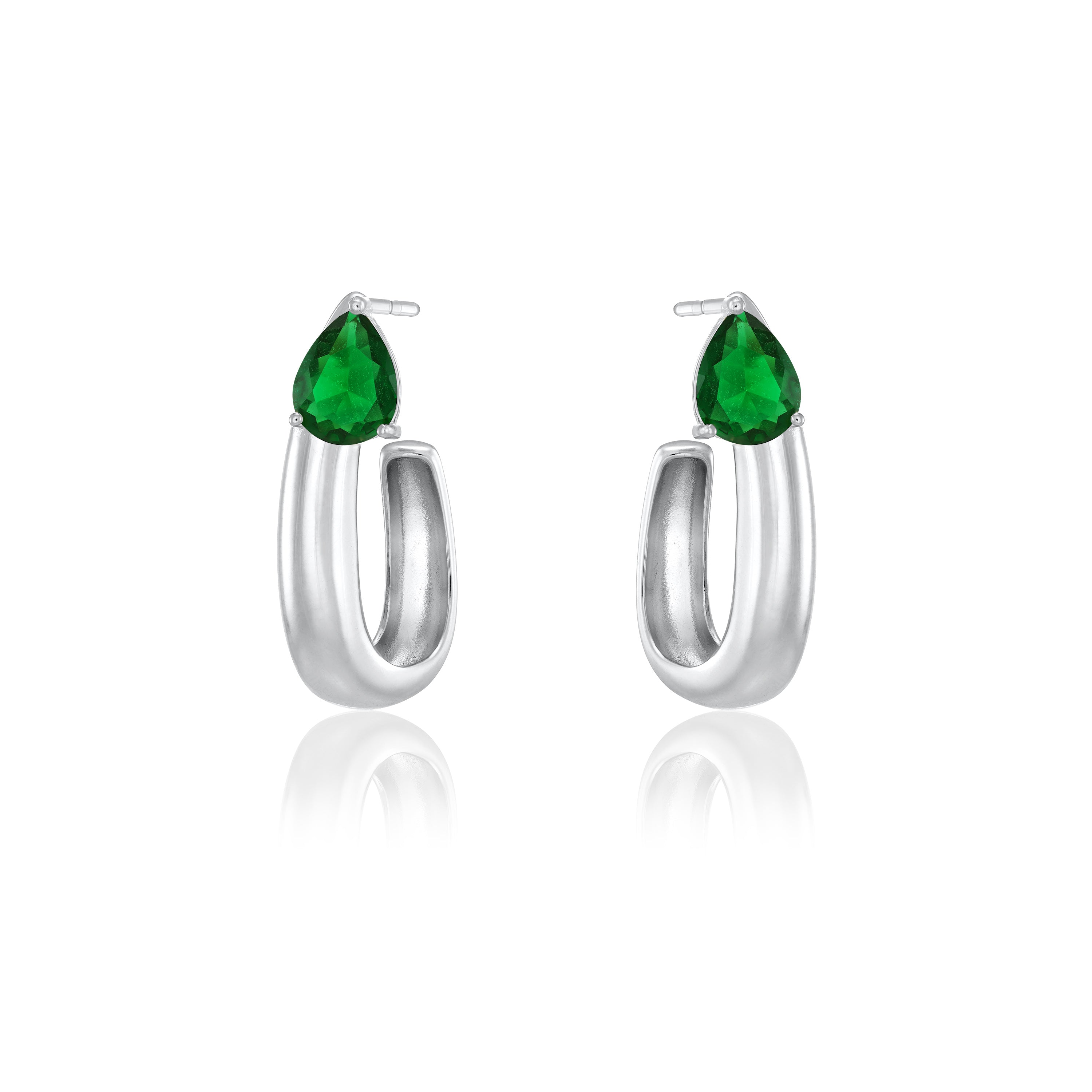 Big Teardrop U Shape Hoop Earrings - Silver Green