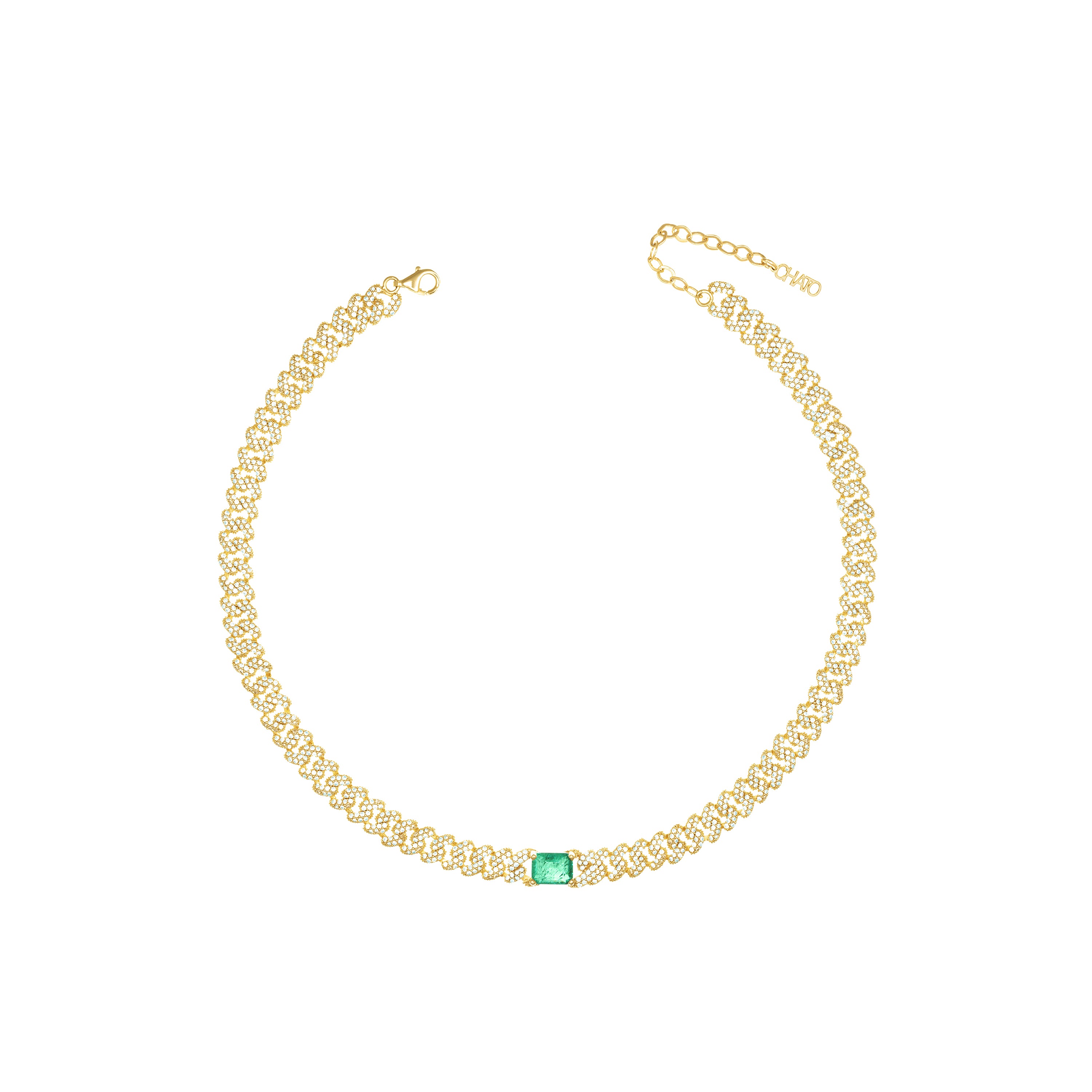 Big Stone Emerald Cut Pave Cuban Chain Choker - Gold Green Matt And White - Small Cuban