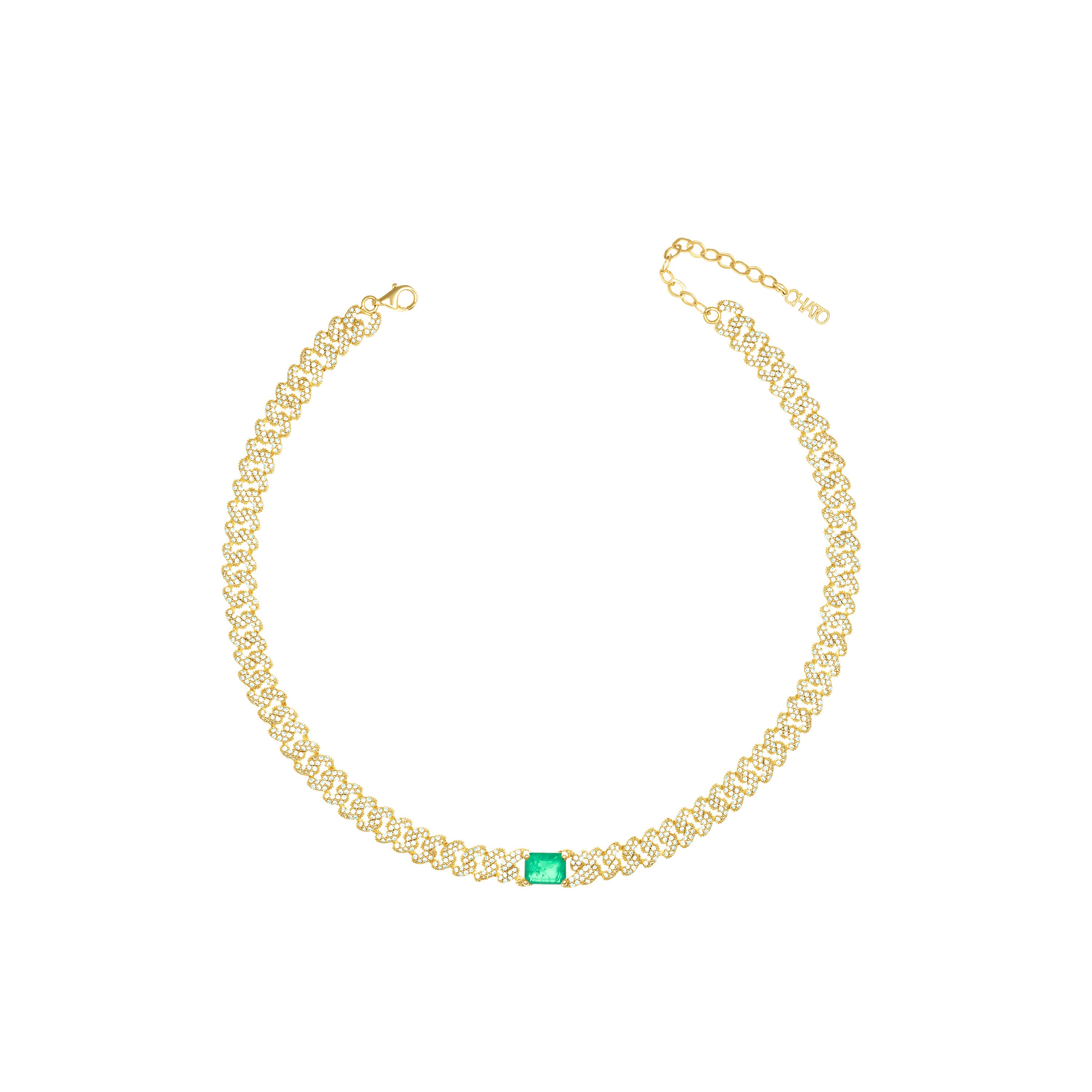 Big Stone Emerald Cut Pave Cuban Chain Choker - Gold Green Matt And White - Big Cuban