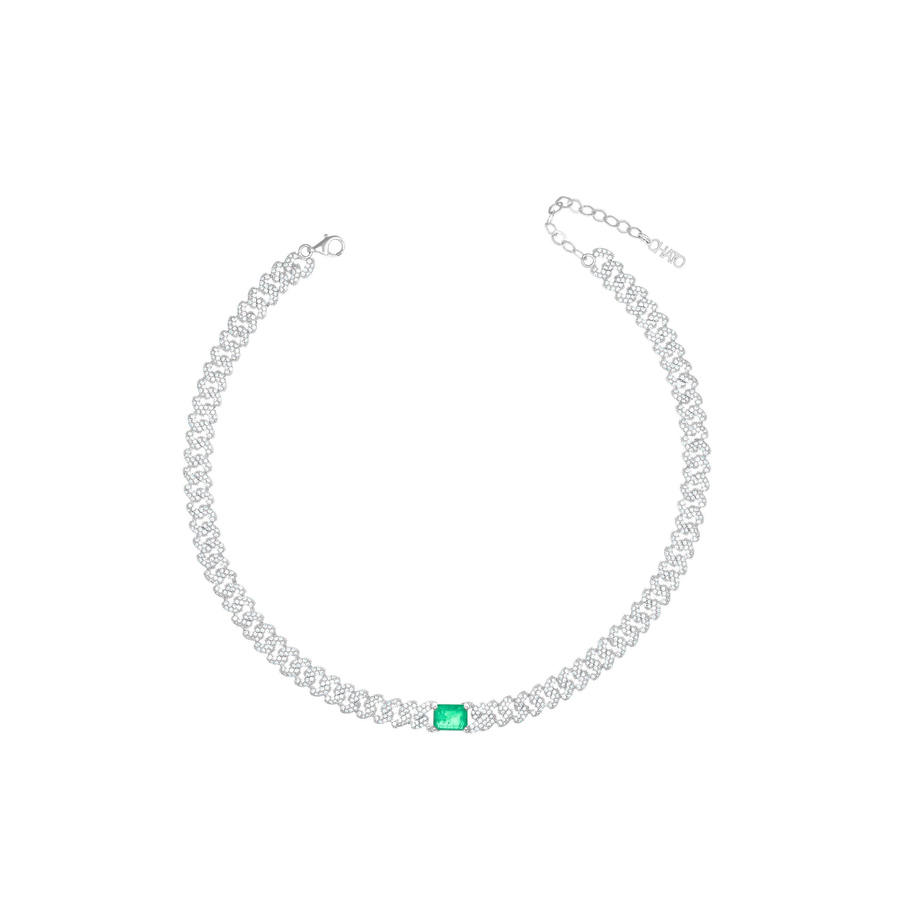 Big Stone Emerald Cut Pave Cuban Chain Choker - Silver Green Matt And White - Small Cuban