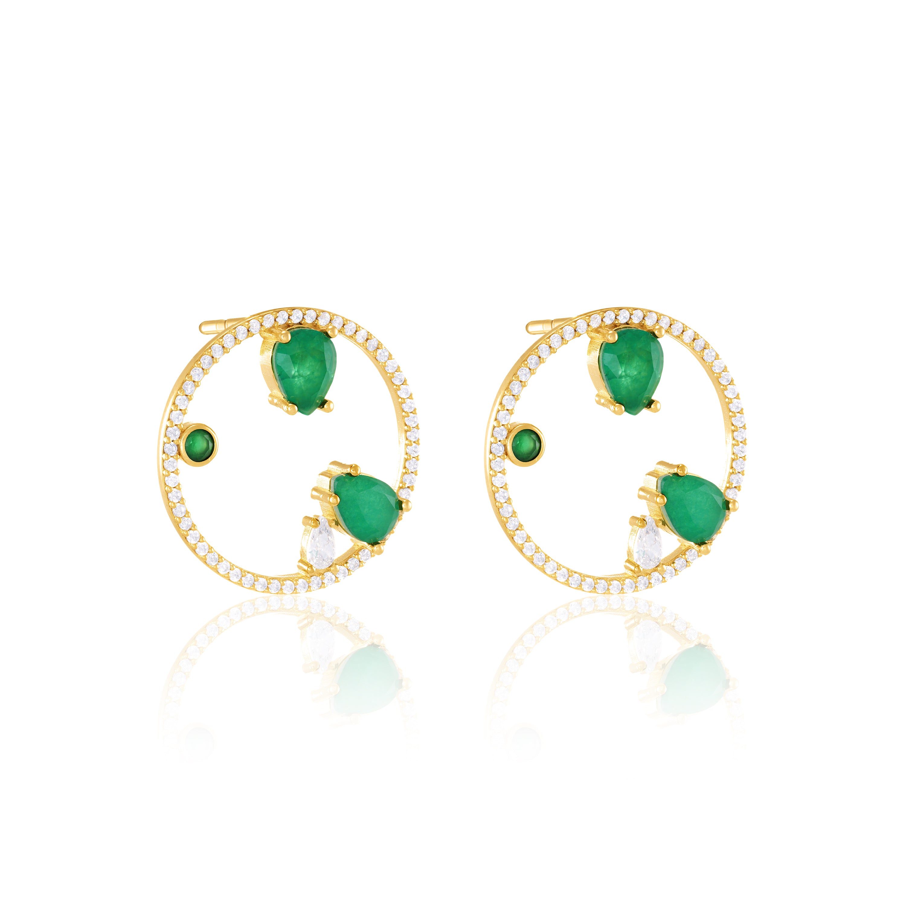 Circle Pave CZ With Three Teardrops And Dot Bezel Earrings - Gold Green Matt And White