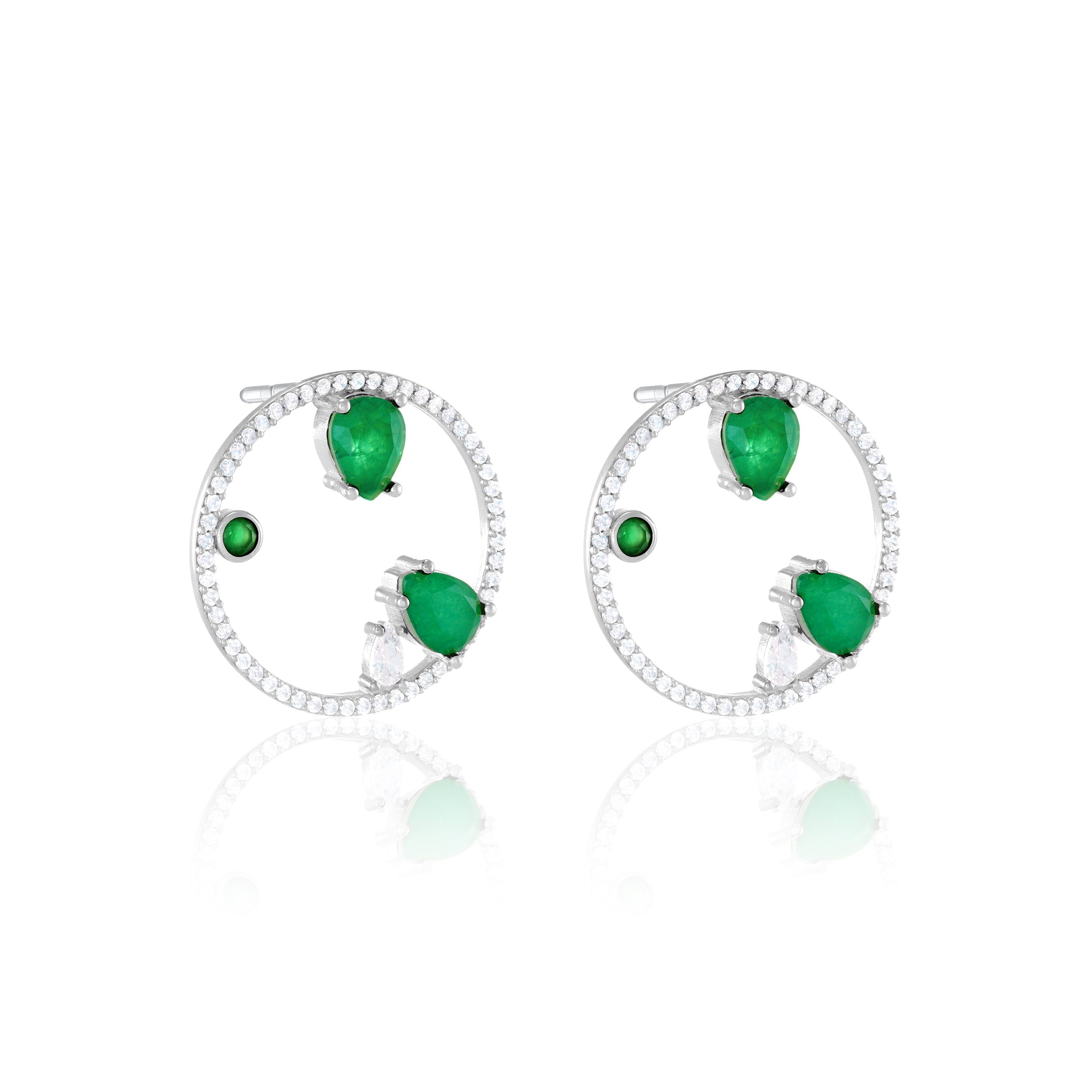 Circle Pave CZ With Three Teardrops And Dot Bezel Earrings - Silver Green Matt And White