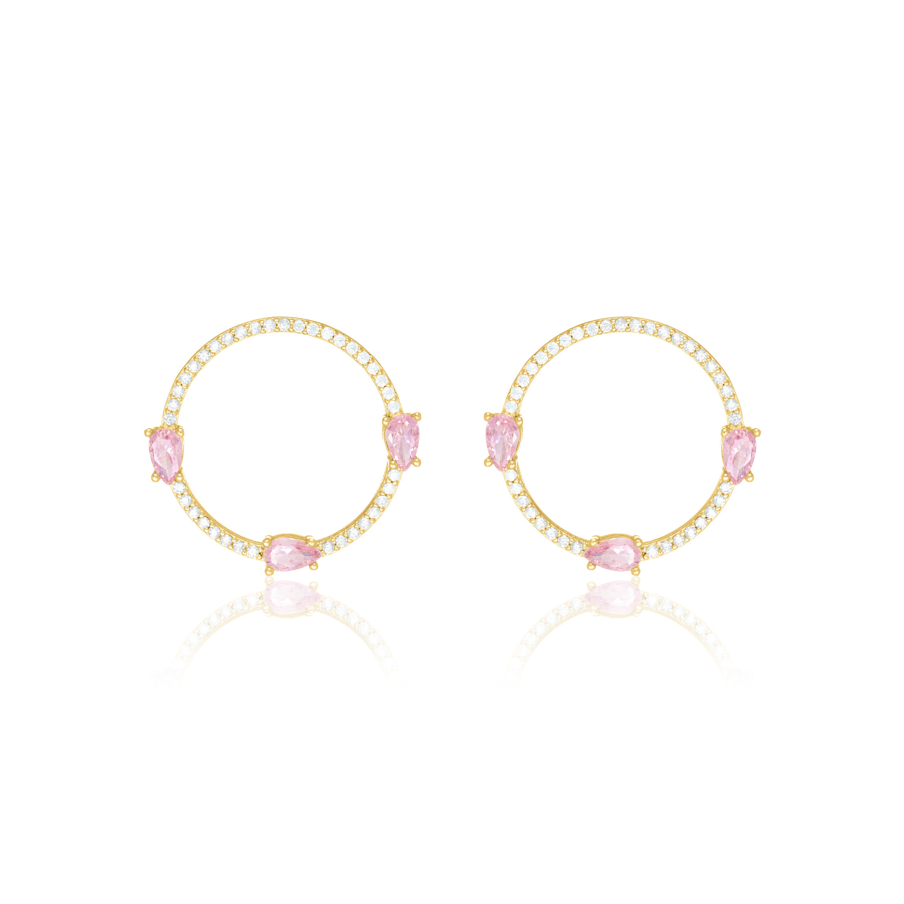 Circle Pave Cubic Zirconia With Three Teardrops Earrings - Gold Light Pink And White