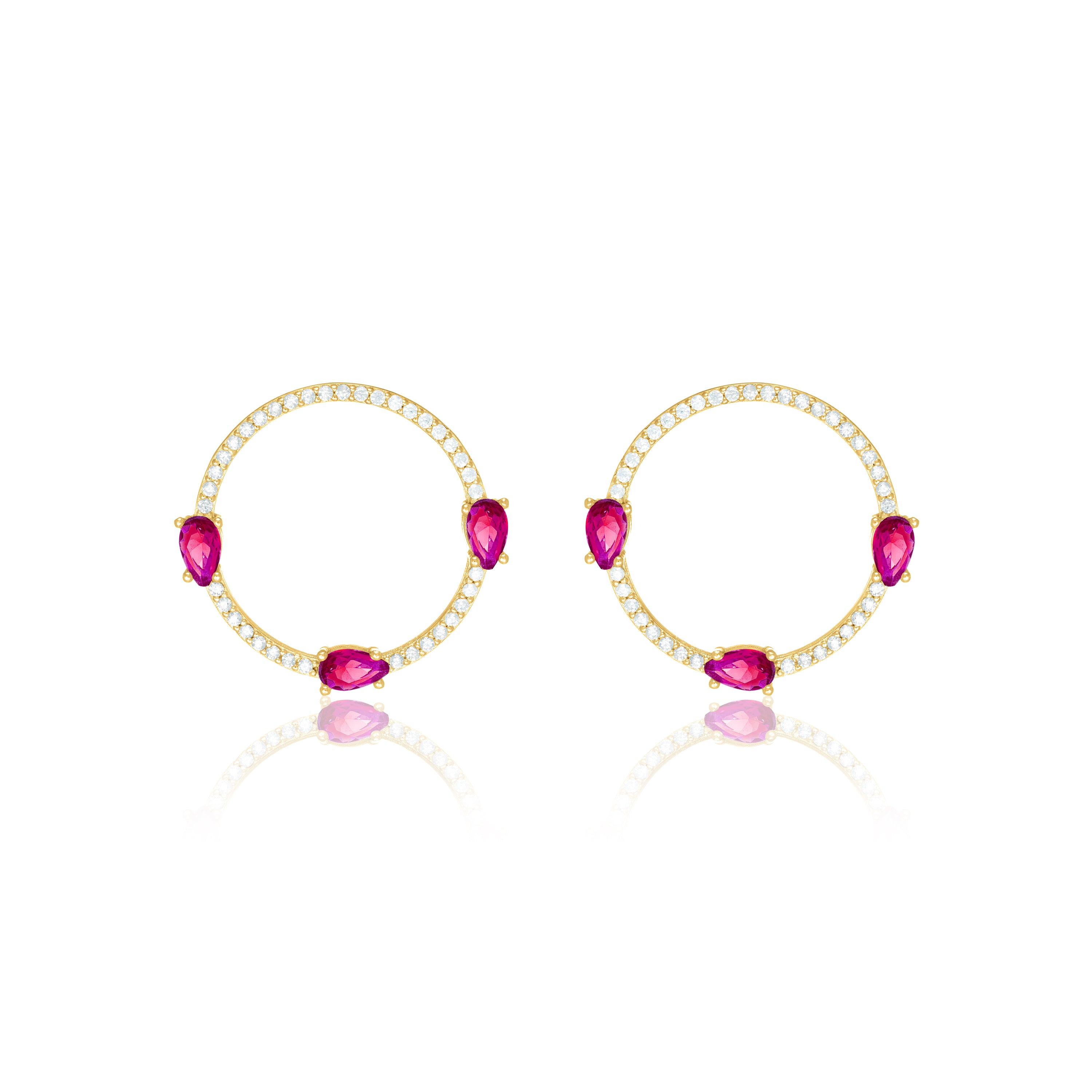 Circle Pave Cubic Zirconia With Three Teardrops Earrings - Gold Fushcia And White