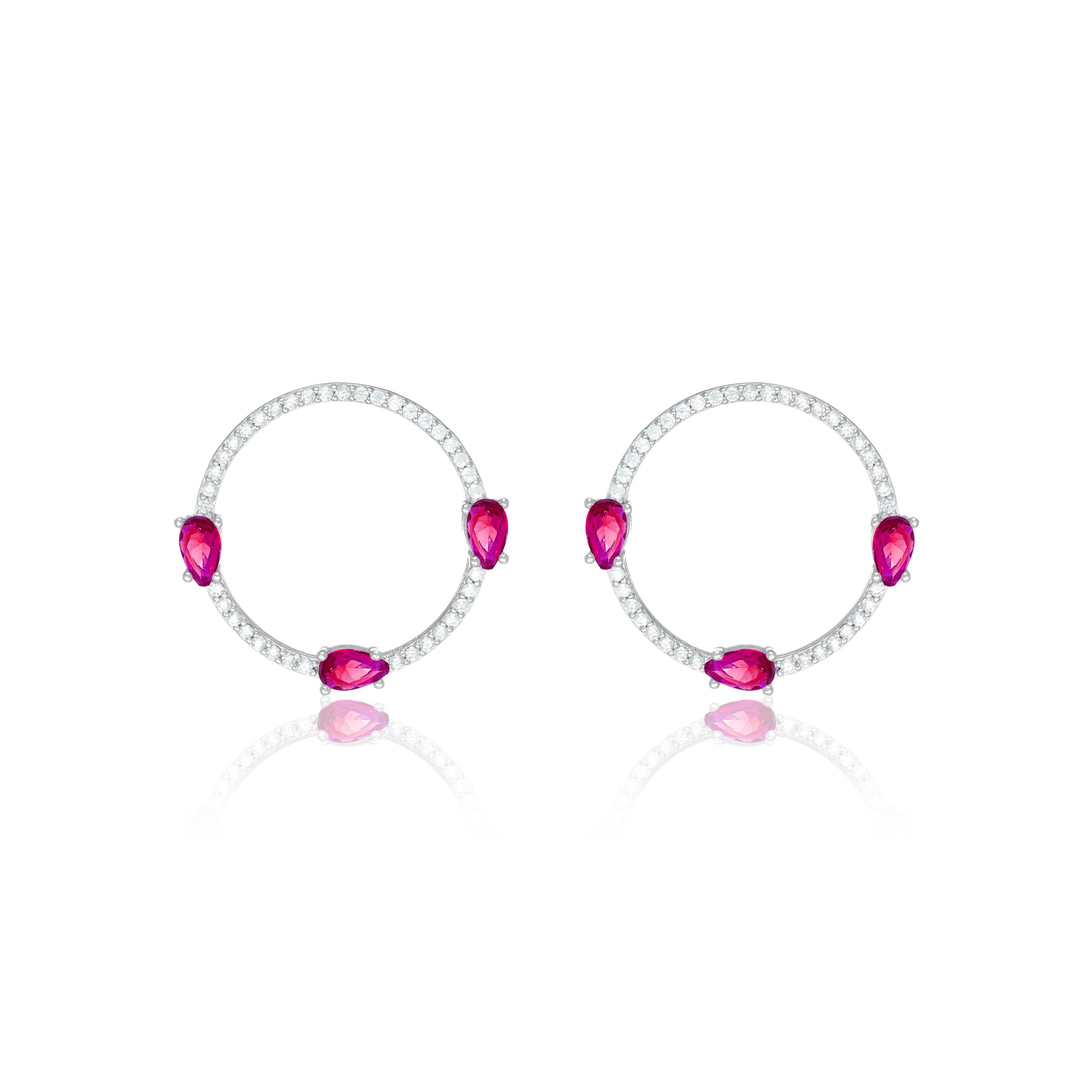 Circle Pave Cubic Zirconia With Three Teardrops Earrings - Silver Fuchsia And White