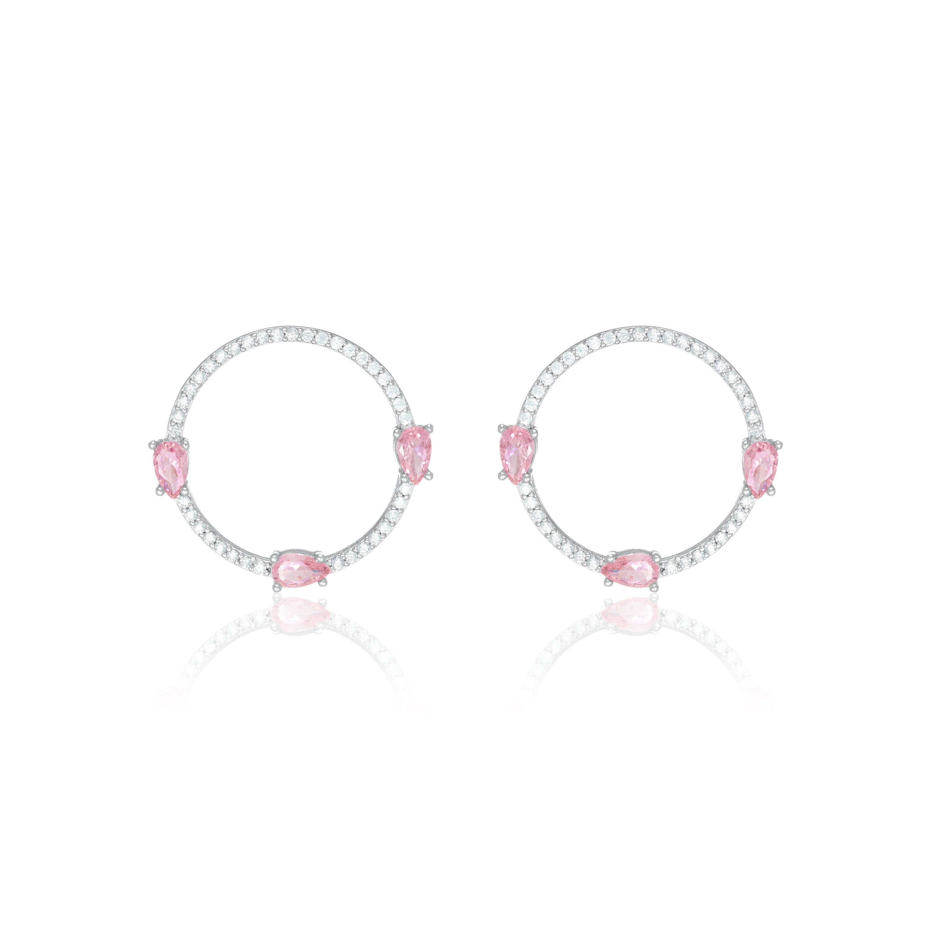 Circle Pave Cubic Zirconia With Three Teardrops Earrings - Silver Light Pink And White