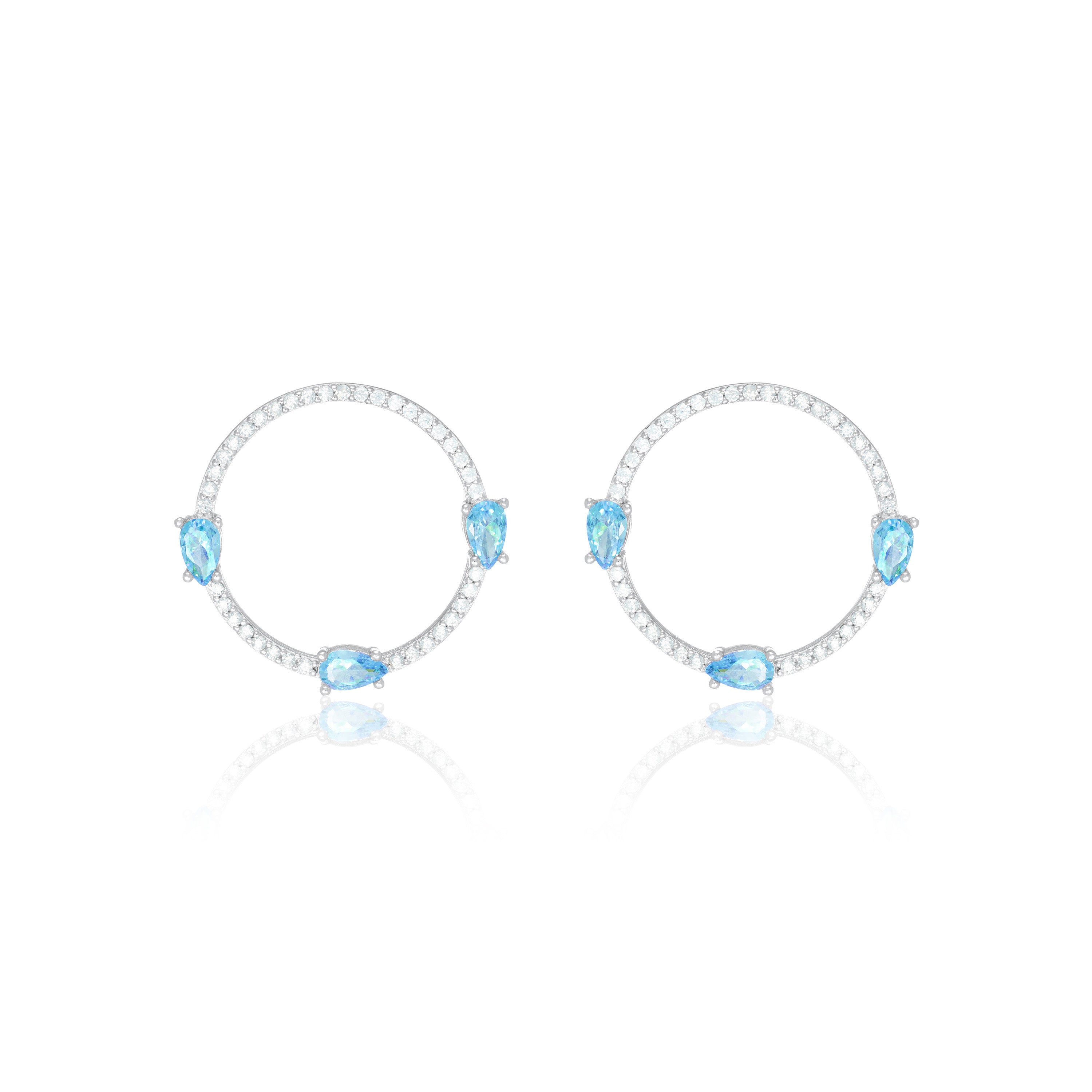 Circle Pave Cubic Zirconia With Three Teardrops Earrings - Silver Aquamarine And White