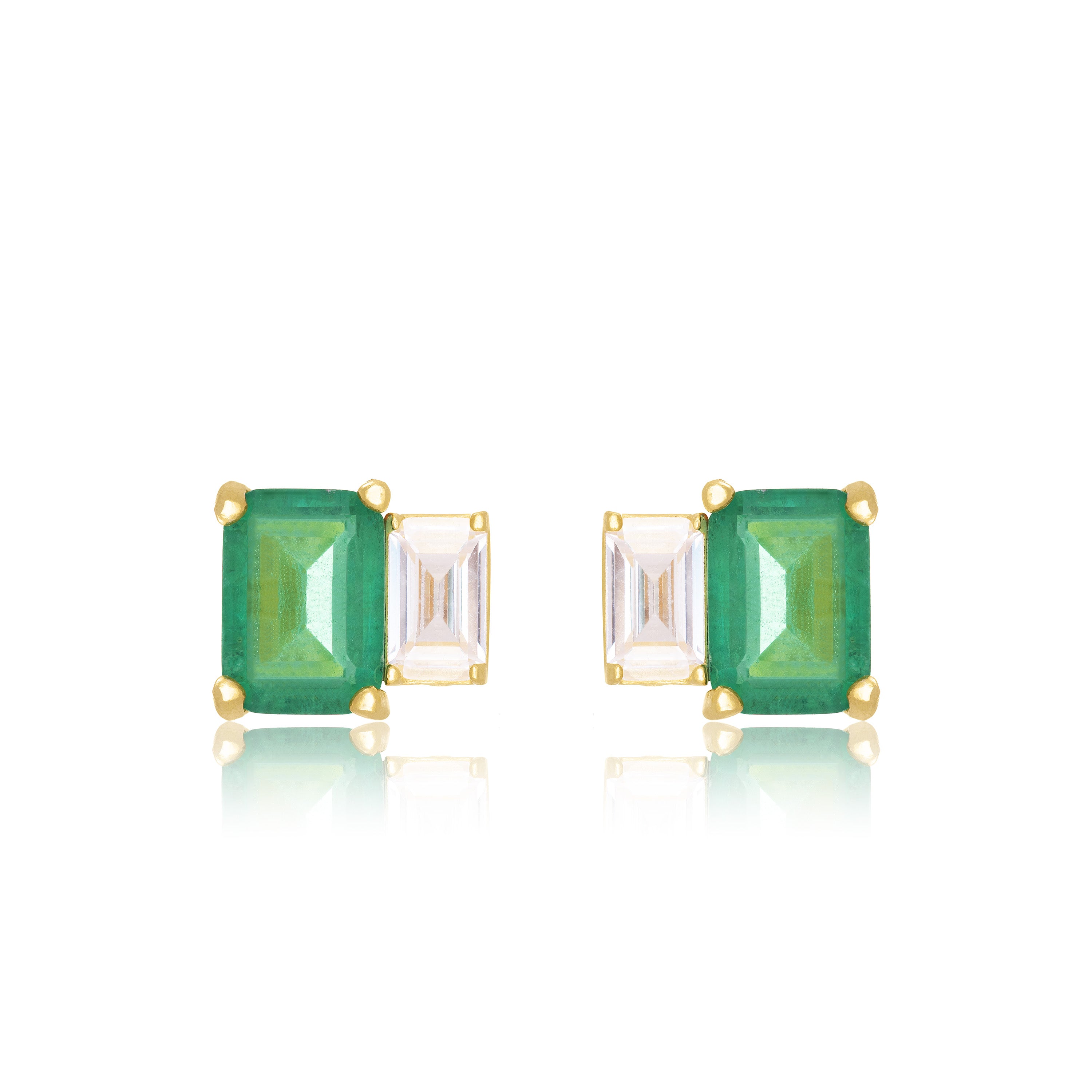 Cubic Zirconia Asymmetric Two Rectangle Stone Stud Earrings - Gold Green