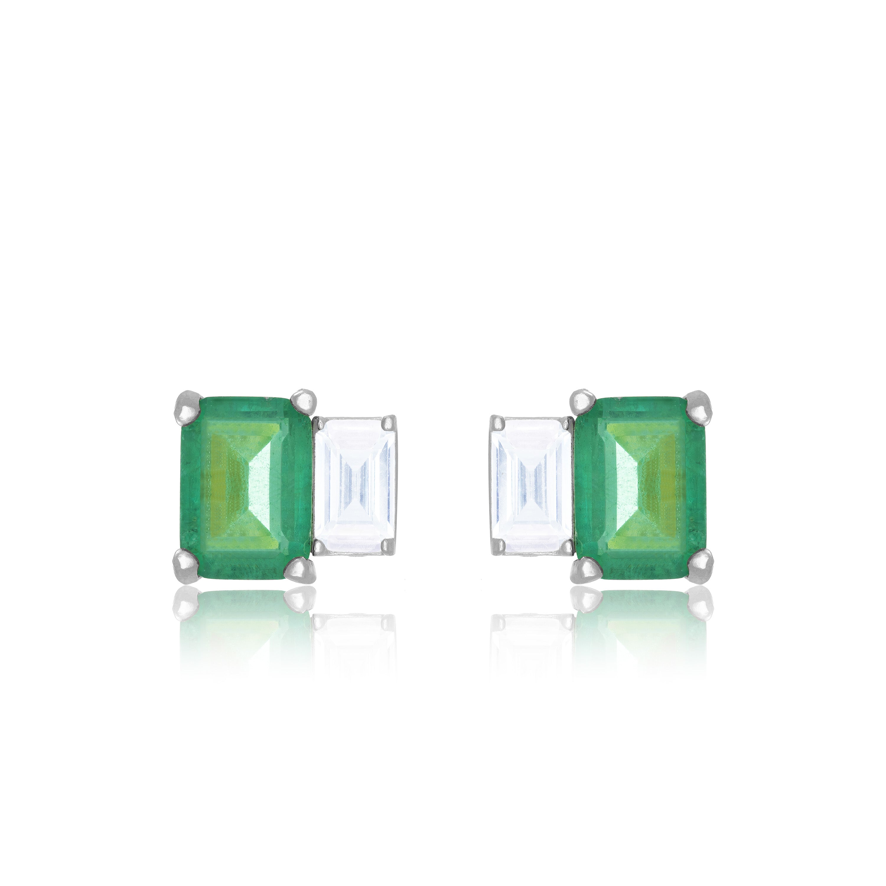 Cubic Zirconia Asymmetric Two Rectangle Stone Stud Earrings - Silver Green