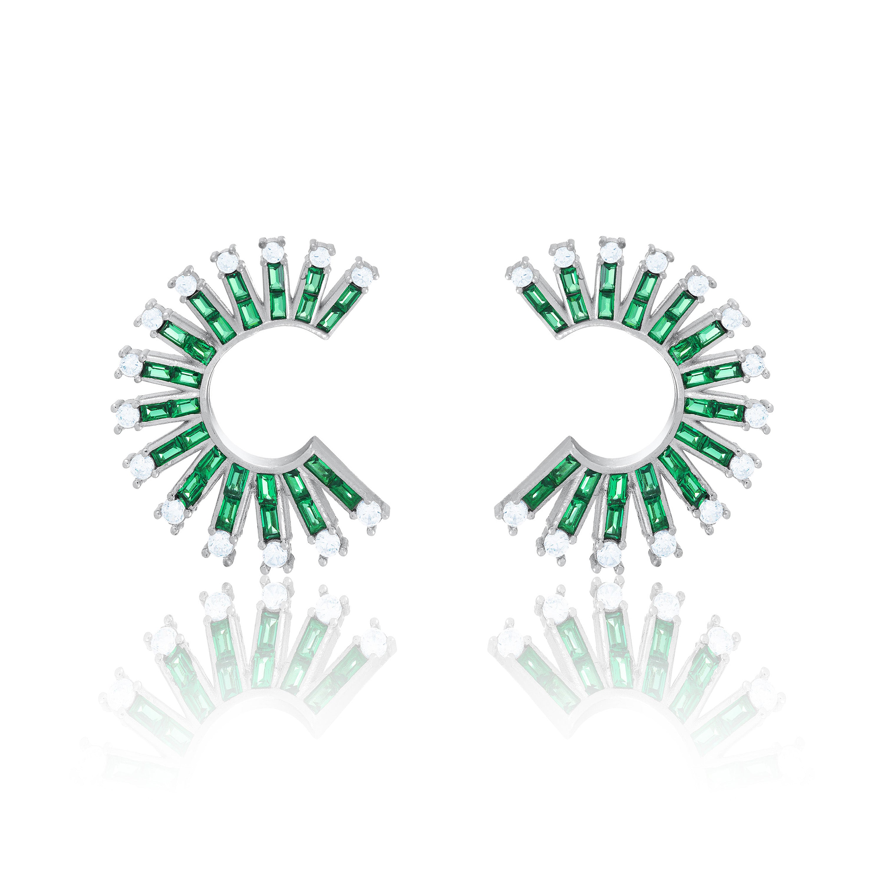 Cubic Zirconia Baguette Sun Rays C Shape Earrings - Silver Green And White