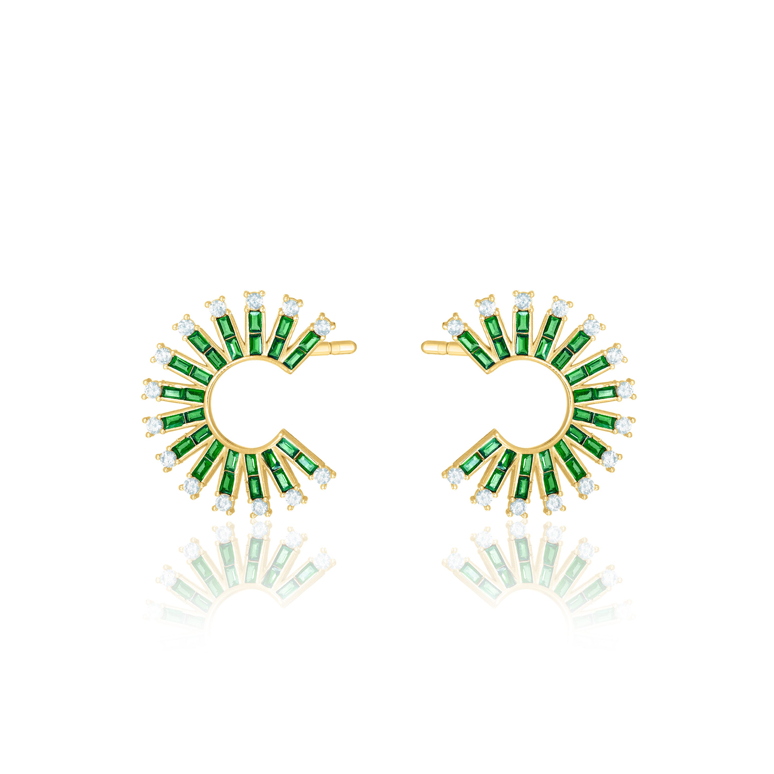 Cubic Zirconia Baguette Sun Rays C Shape Earrings - Gold Green And White