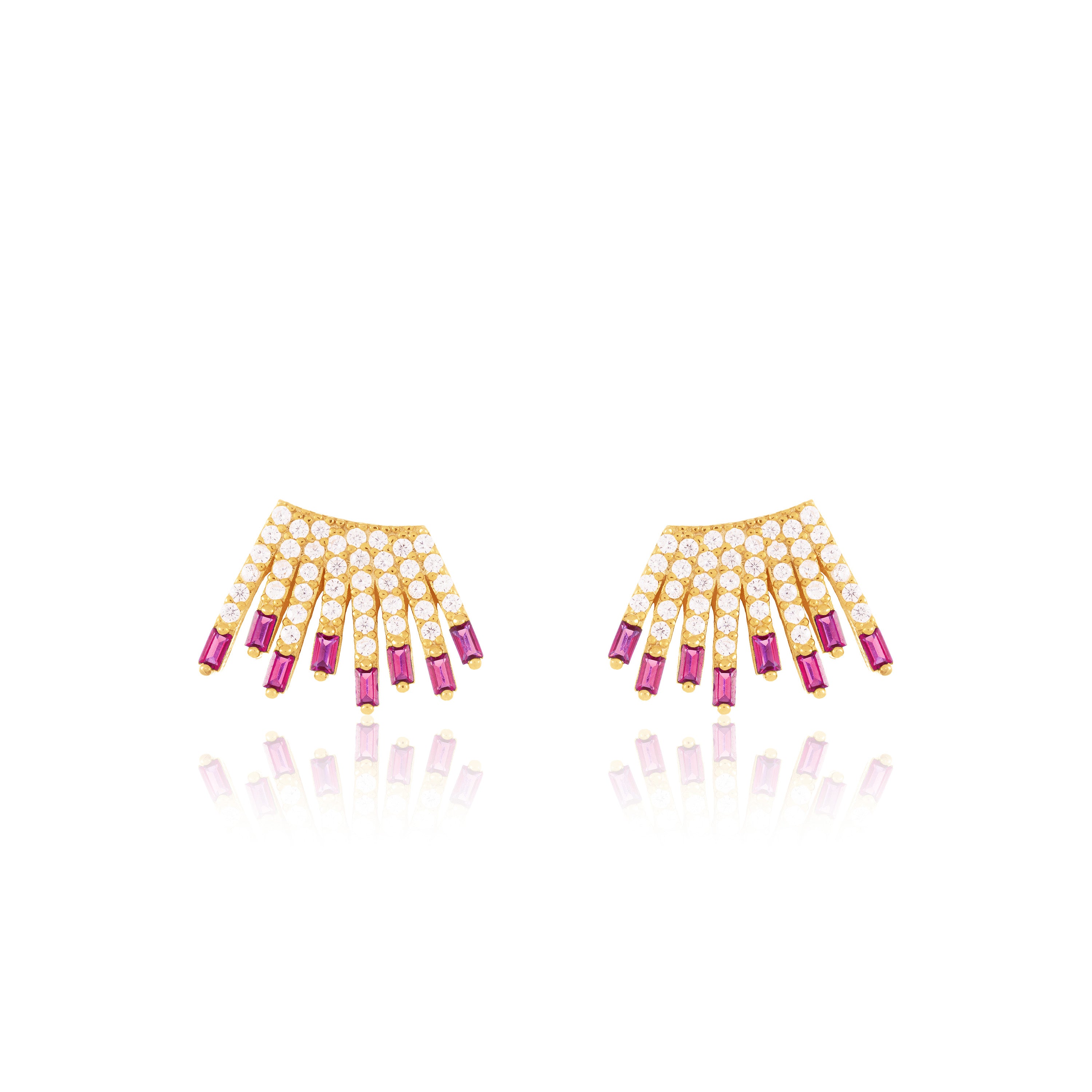 Cubic Zirconia Baguette Sun Rays Earrings - Gold Fuchsia And White - Small