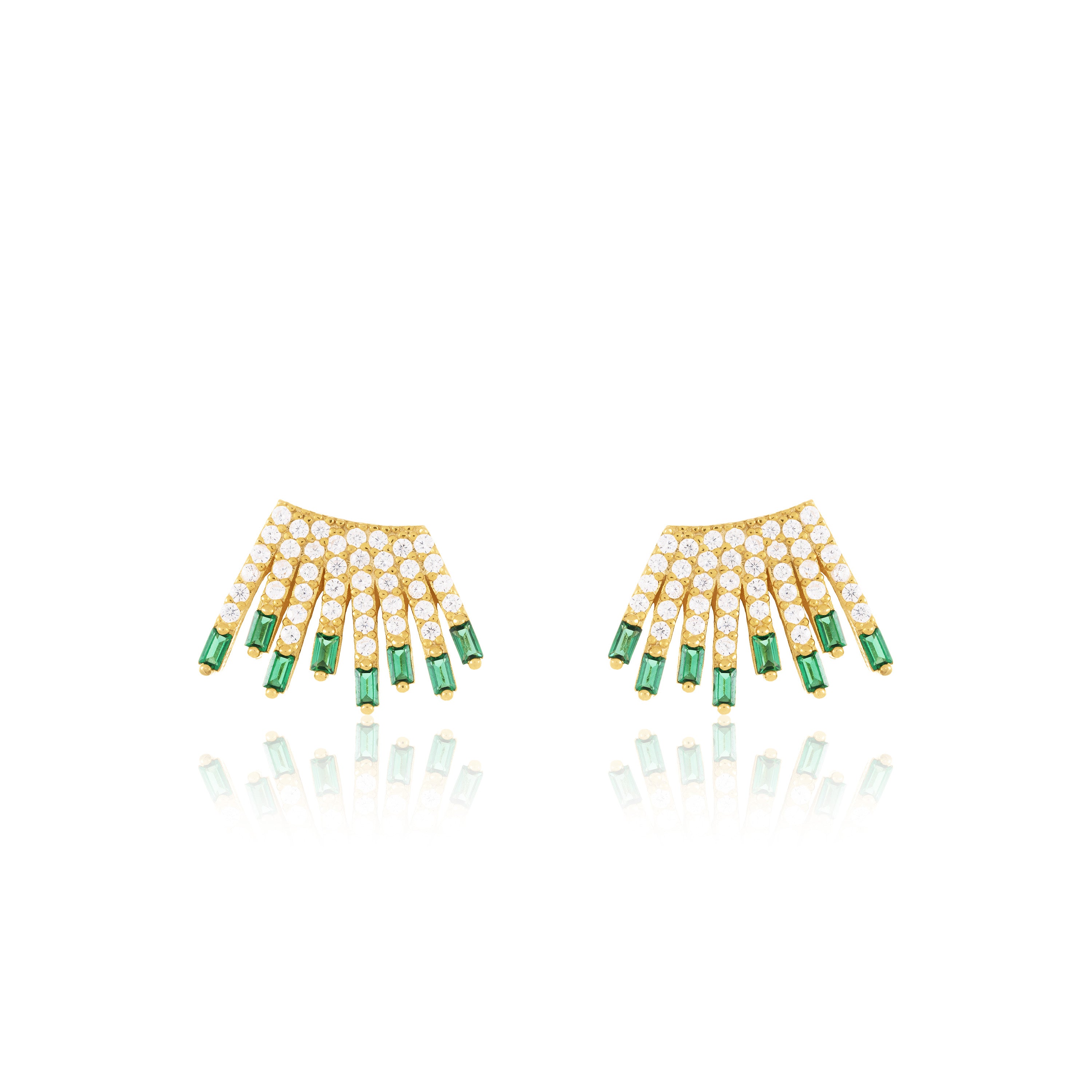 Cubic Zirconia Baguette Sun Rays Earrings - Gold Green And White - Small