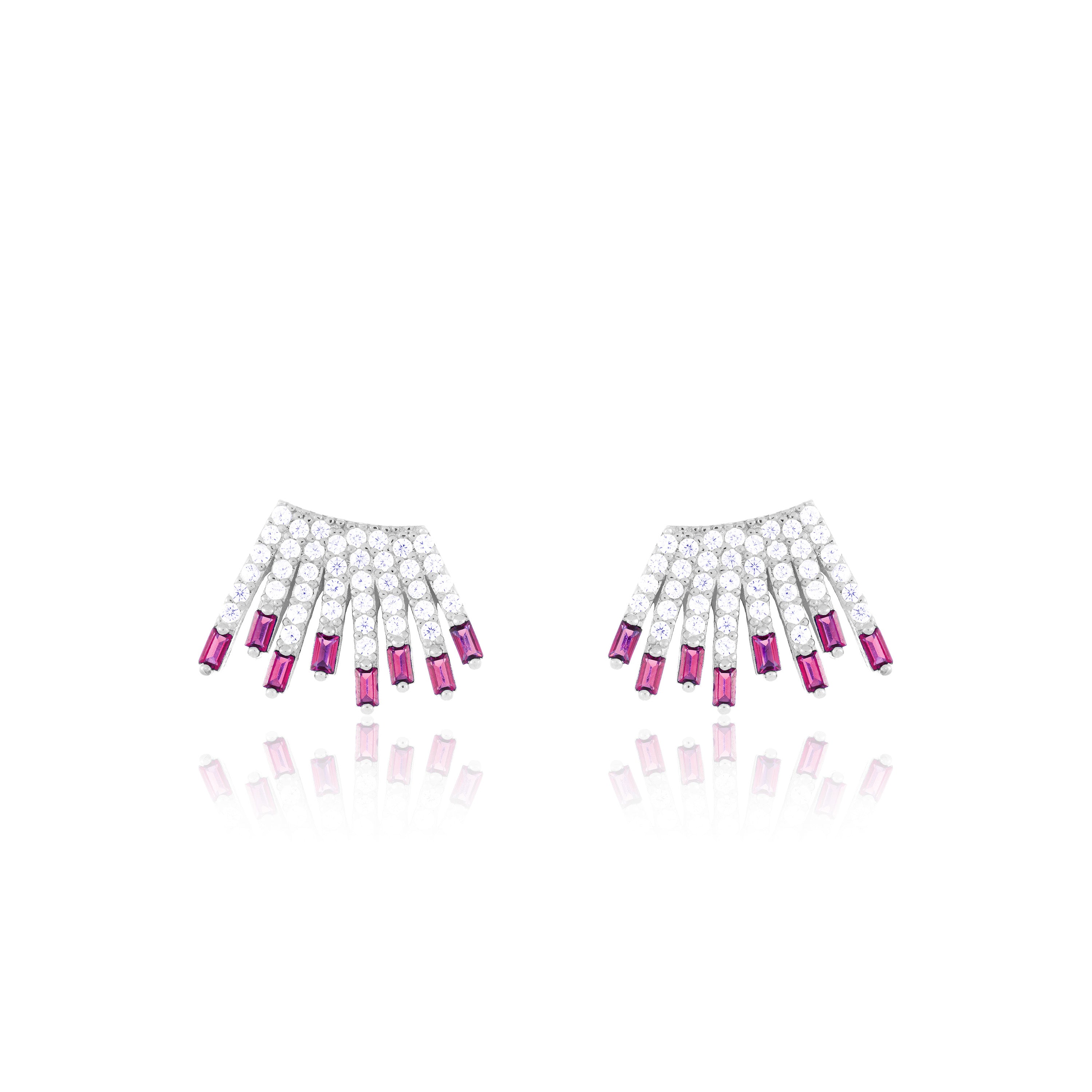 Cubic Zirconia Baguette Sun Rays Earrings - Silver Fuchsia And White - Small