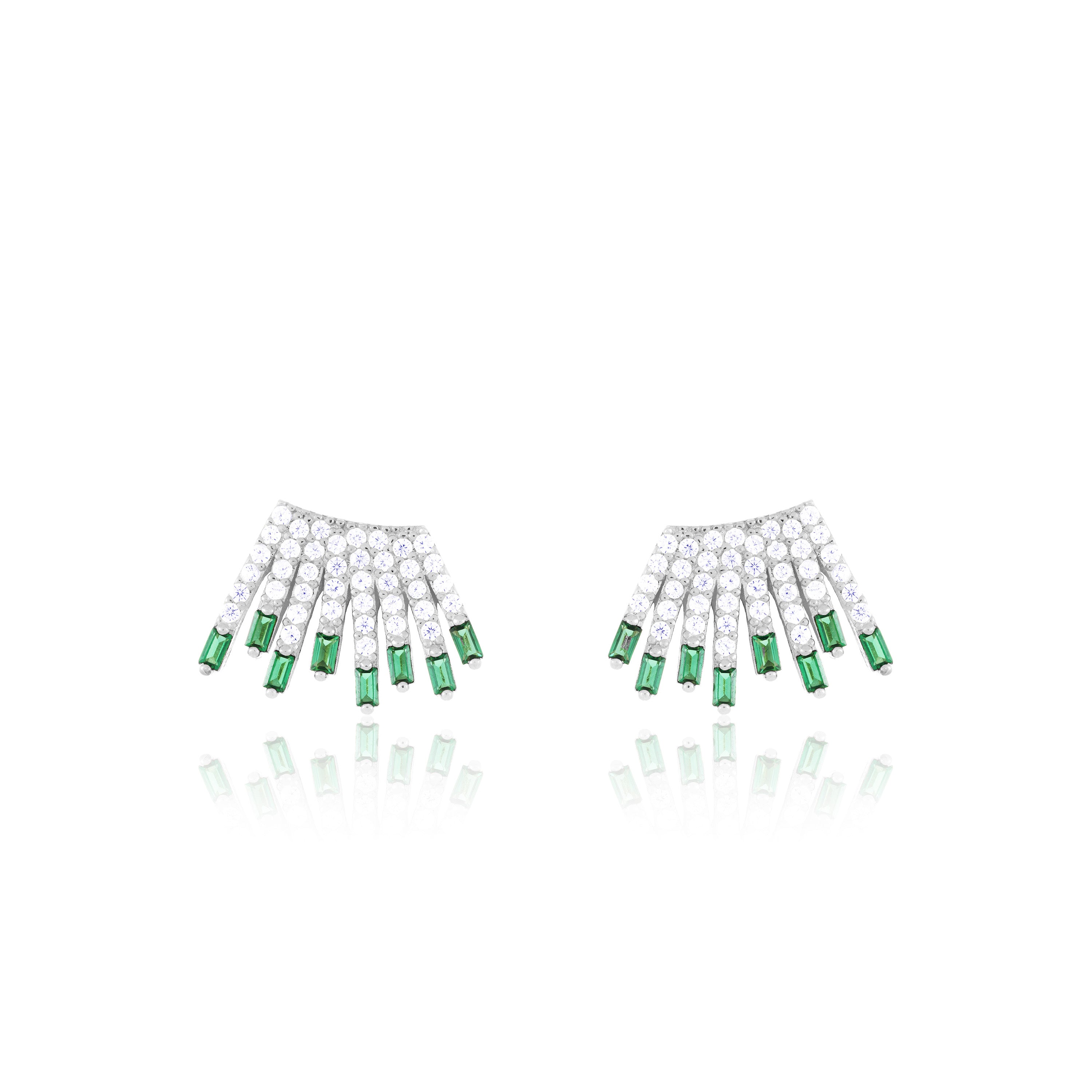 Cubic Zirconia Baguette Sun Rays Earrings - Silver Green And White - Small