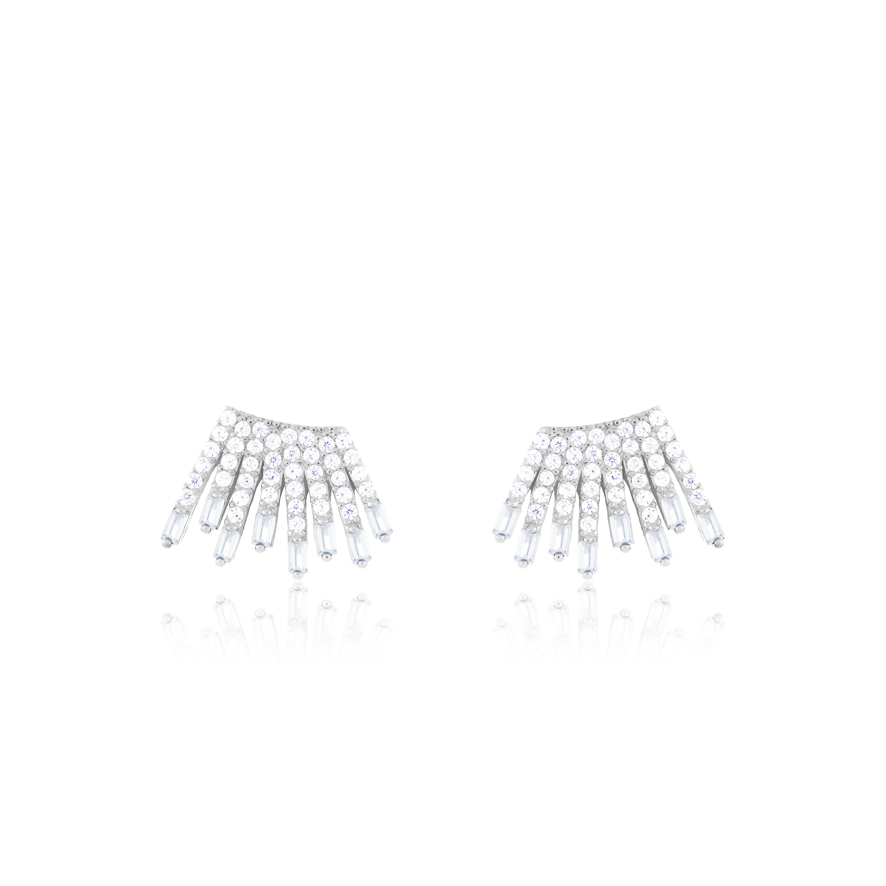 Cubic Zirconia Baguette Sun Rays Earrings - Silver White - Small