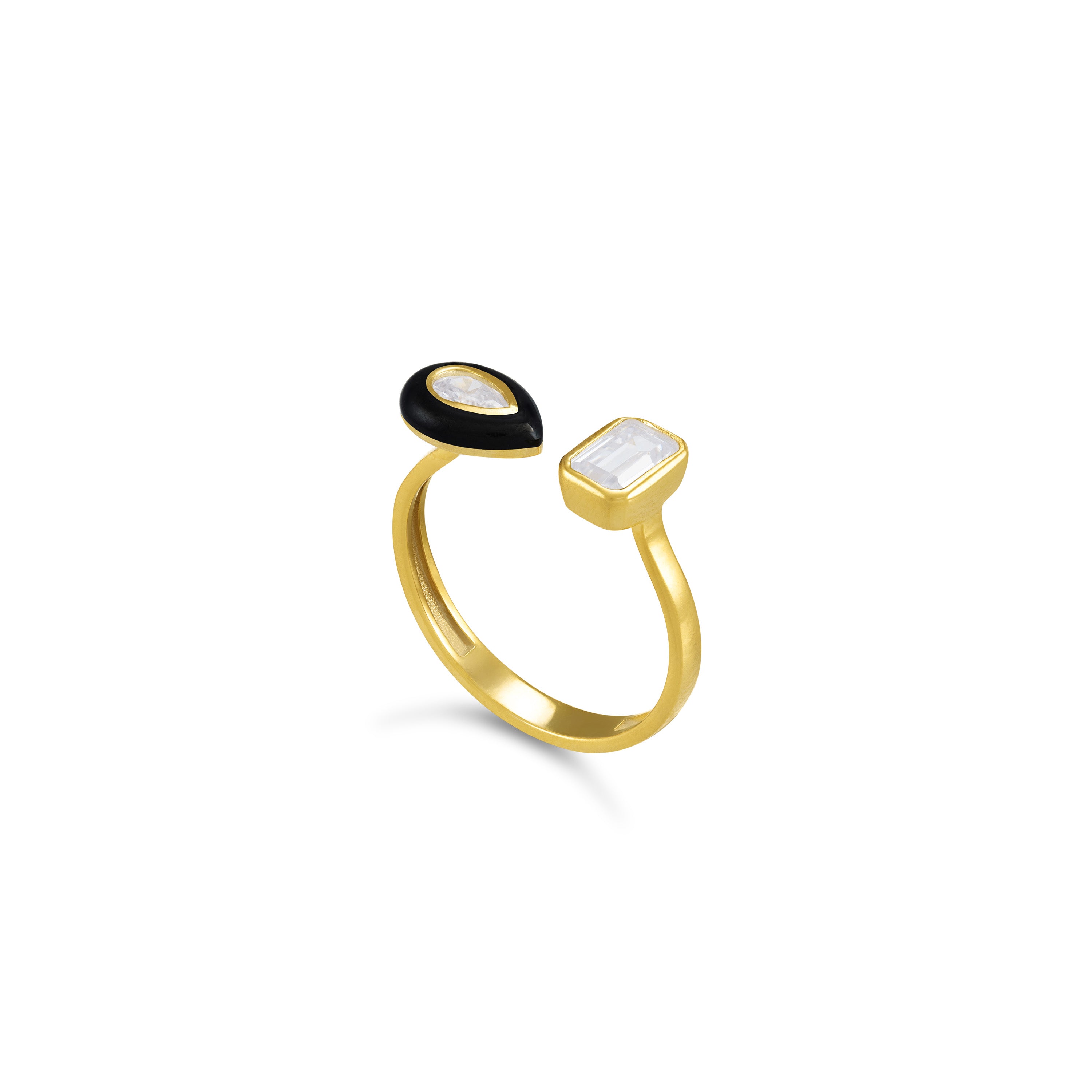 Cubic Zirconia Bezel Emerald Cut Enamel Teardrop Open Ring - Gold Black