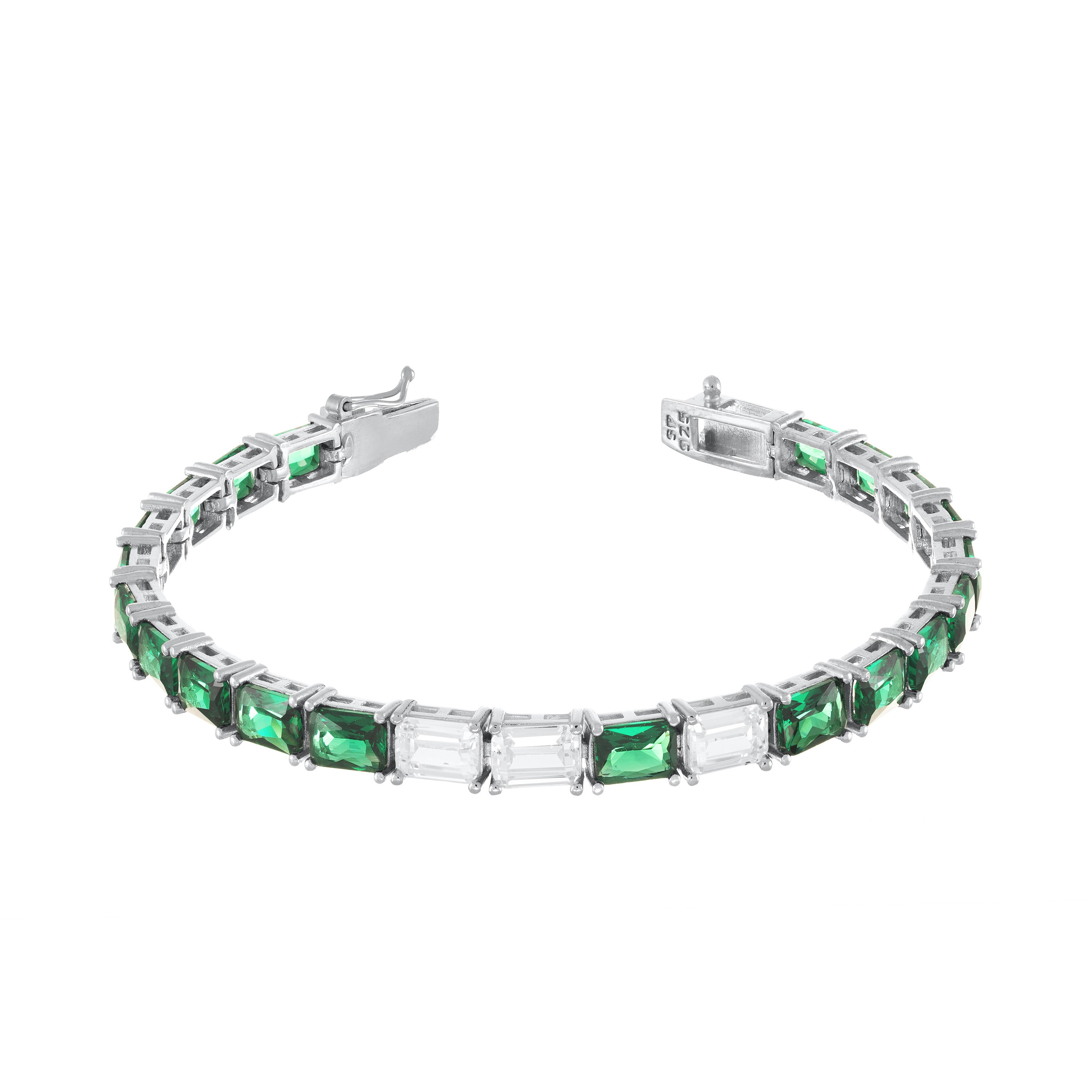 Cubic Zirconia Emerald Cut Tennis Bracelet With Box Clasp - Silver Green And White