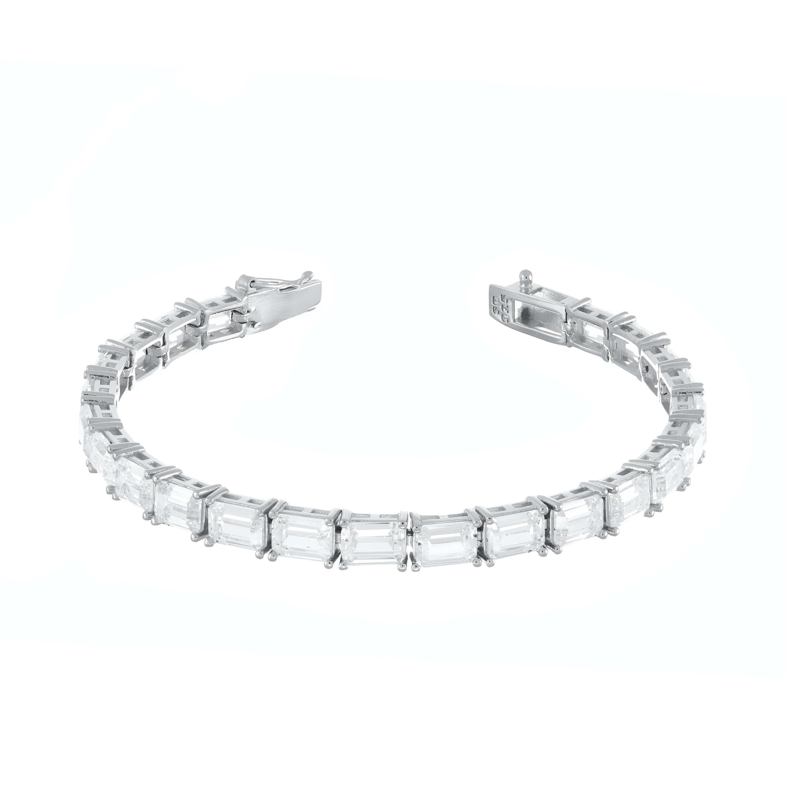 Cubic Zirconia Emerald Cut Tennis Bracelet With Box Clasp - Silver White