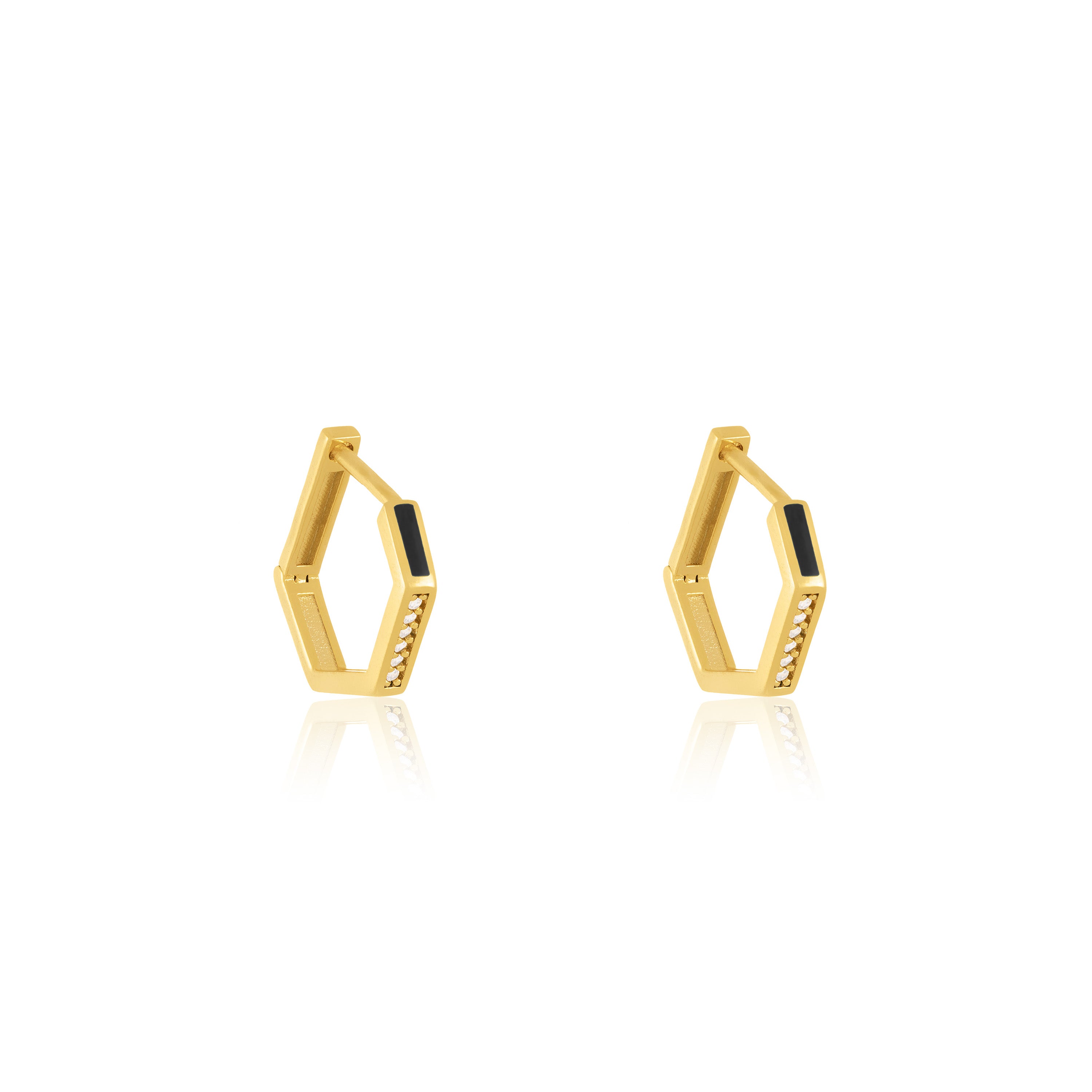 Cubic Zirconia Enamel Hexagon Shaped Hoop Earrings - Gold Black - Small