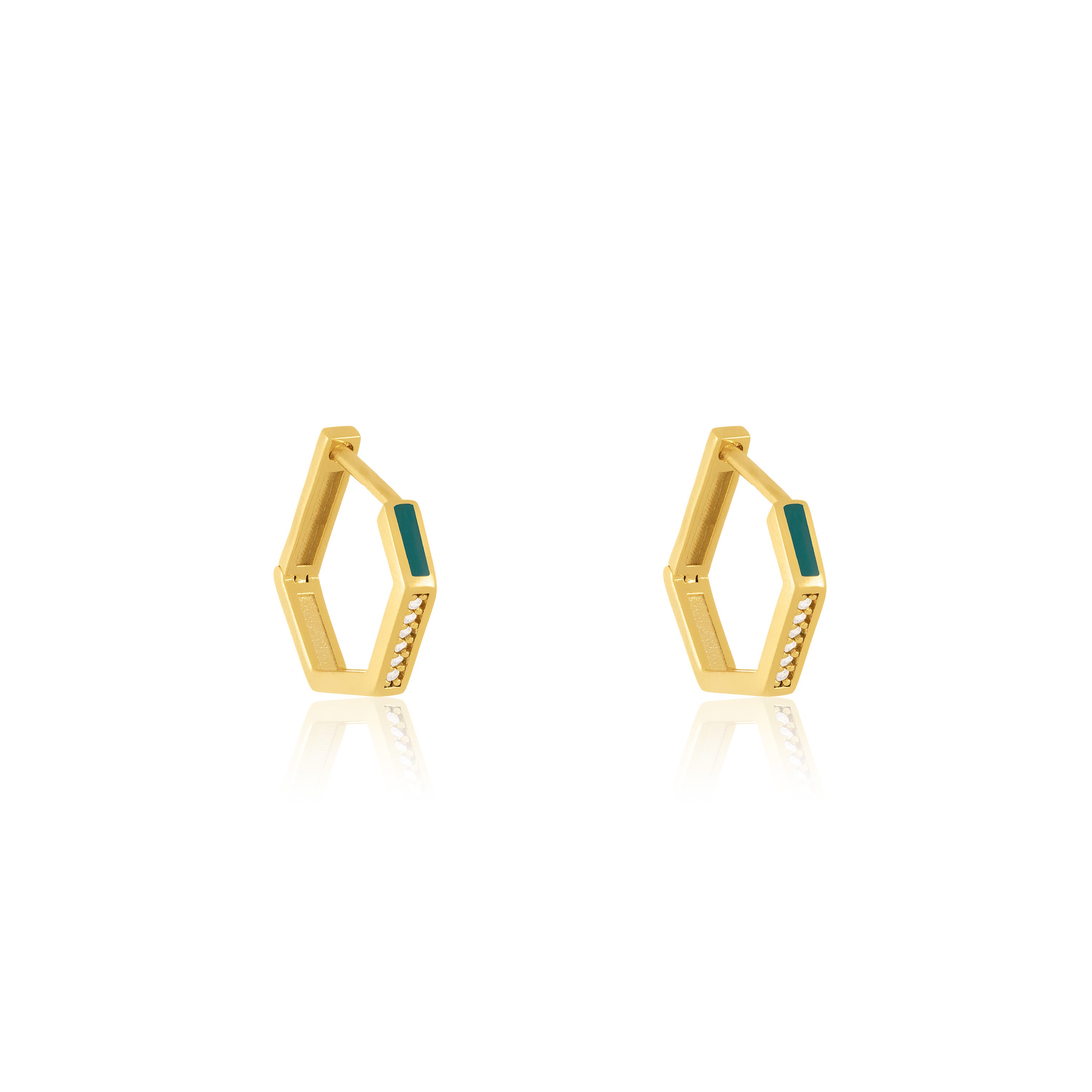 Cubic Zirconia Enamel Hexagon Shaped Hoop Earrings - Gold Dark Green - Small