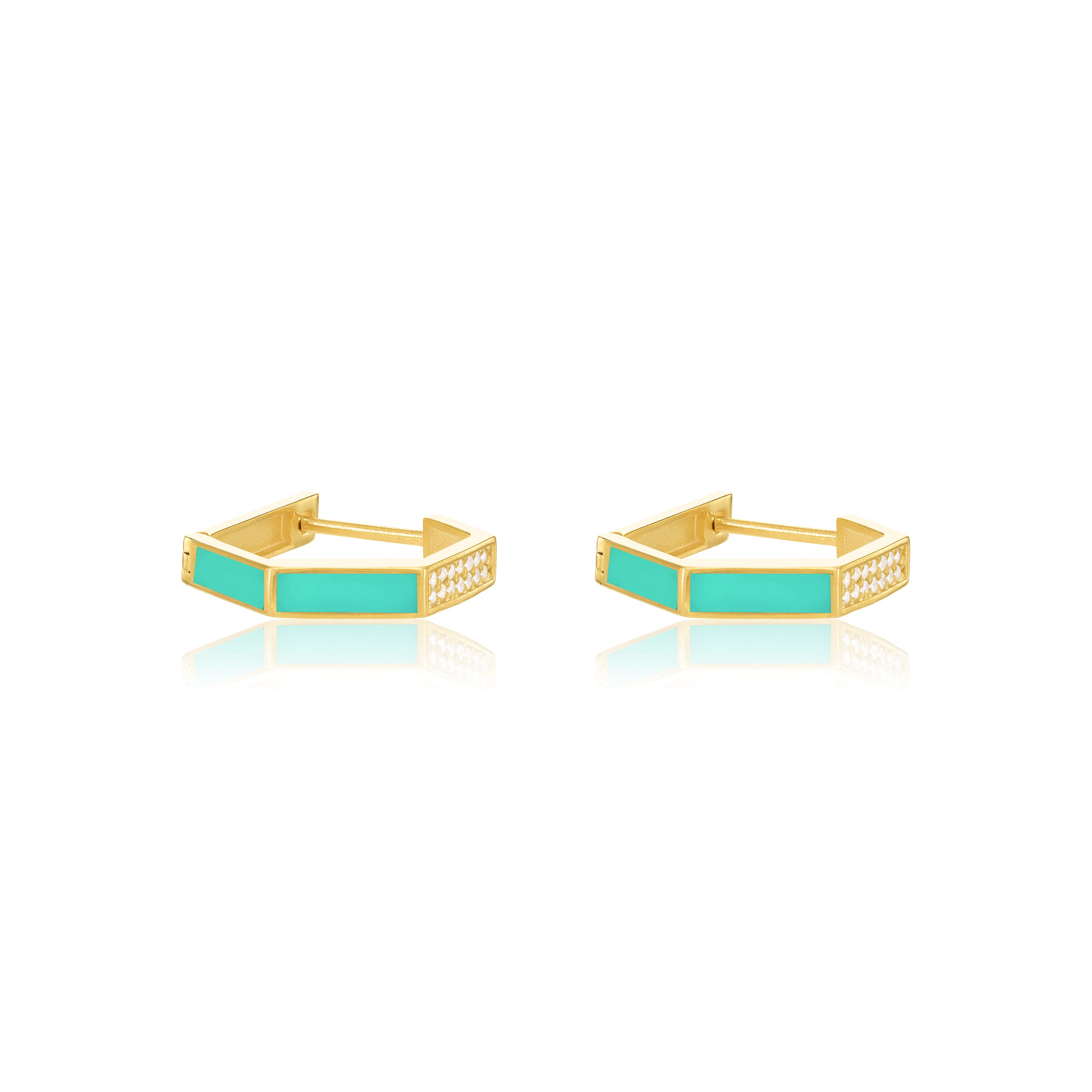 Cubic Zirconia Enamel Hexagon Shaped Hoop Earrings - Gold Mint Green - Big