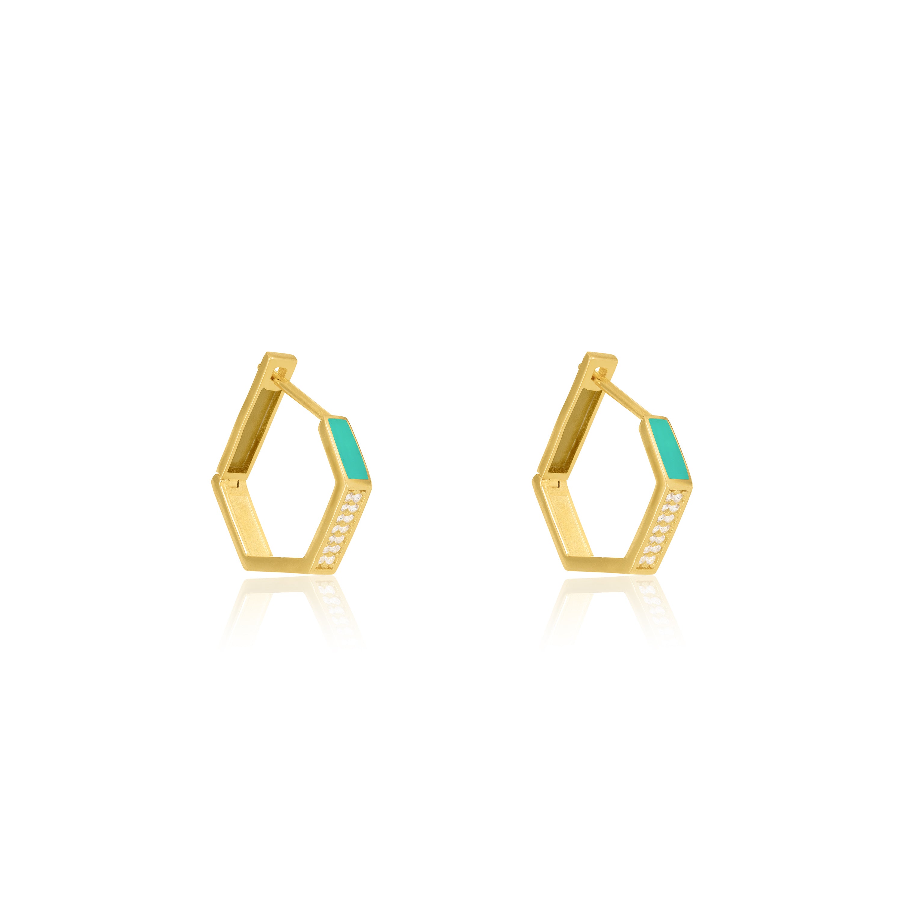 Cubic Zirconia Enamel Hexagon Shaped Hoop Earrings - Gold Mint Green - Big