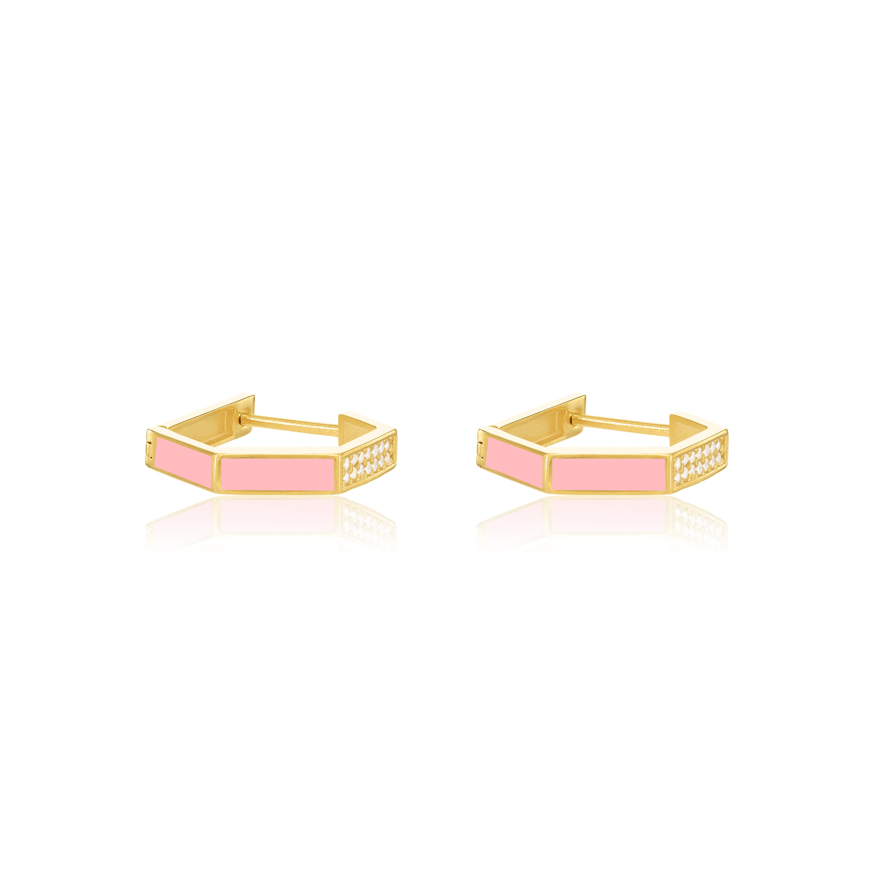 Cubic Zirconia Enamel Hexagon Shaped Hoop Earrings - Gold Pink - Big