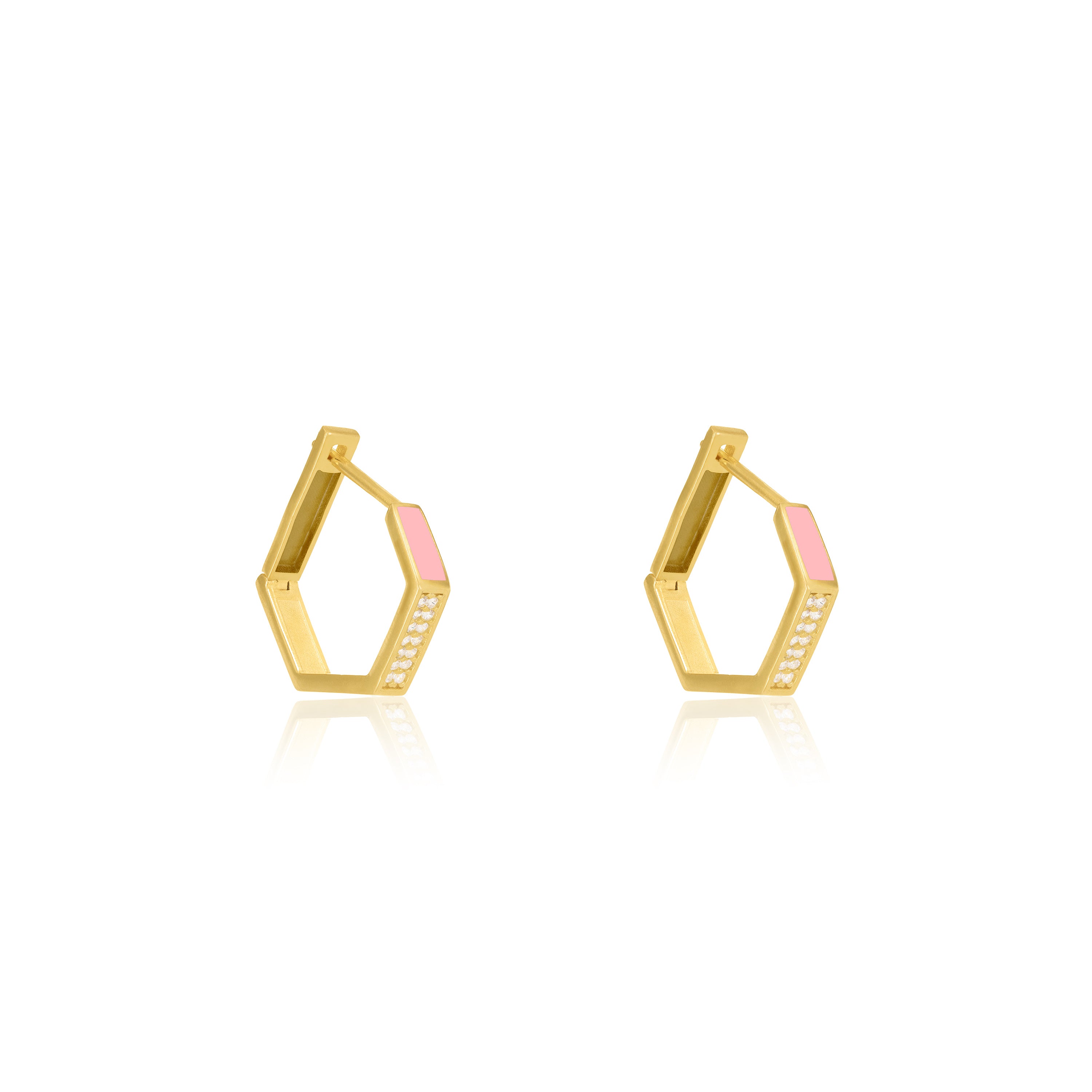 Cubic Zirconia Enamel Hexagon Shaped Hoop Earrings - Gold Pink - Big