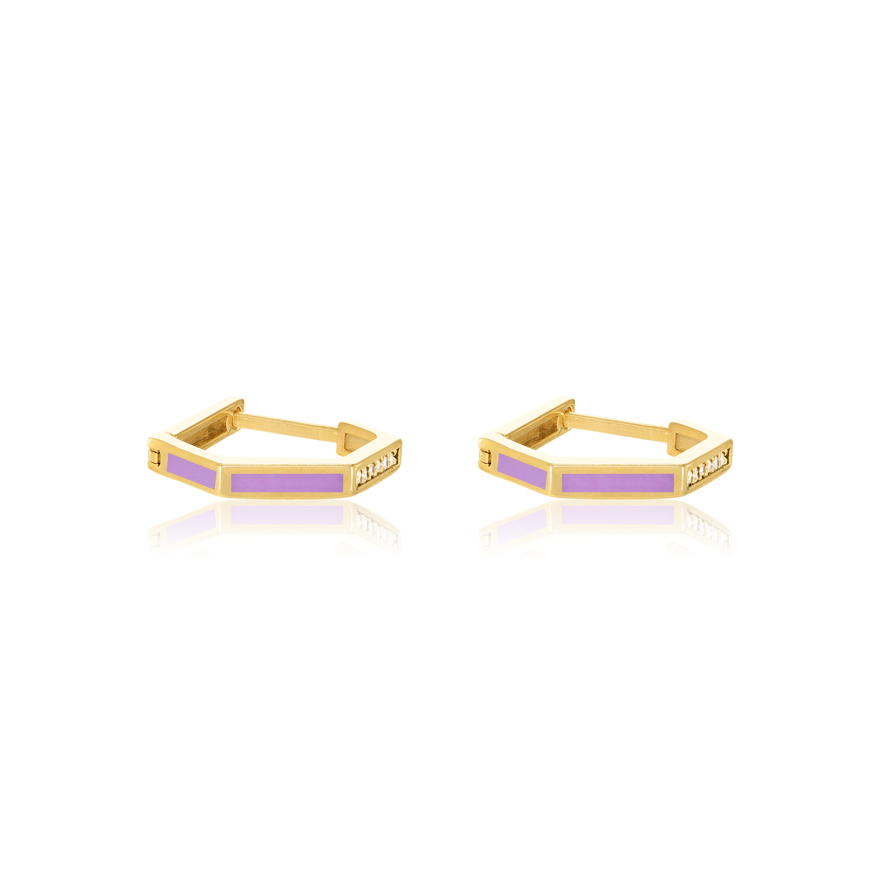Cubic Zirconia Enamel Hexagon Shaped Hoop Earrings - Gold Purple - Small