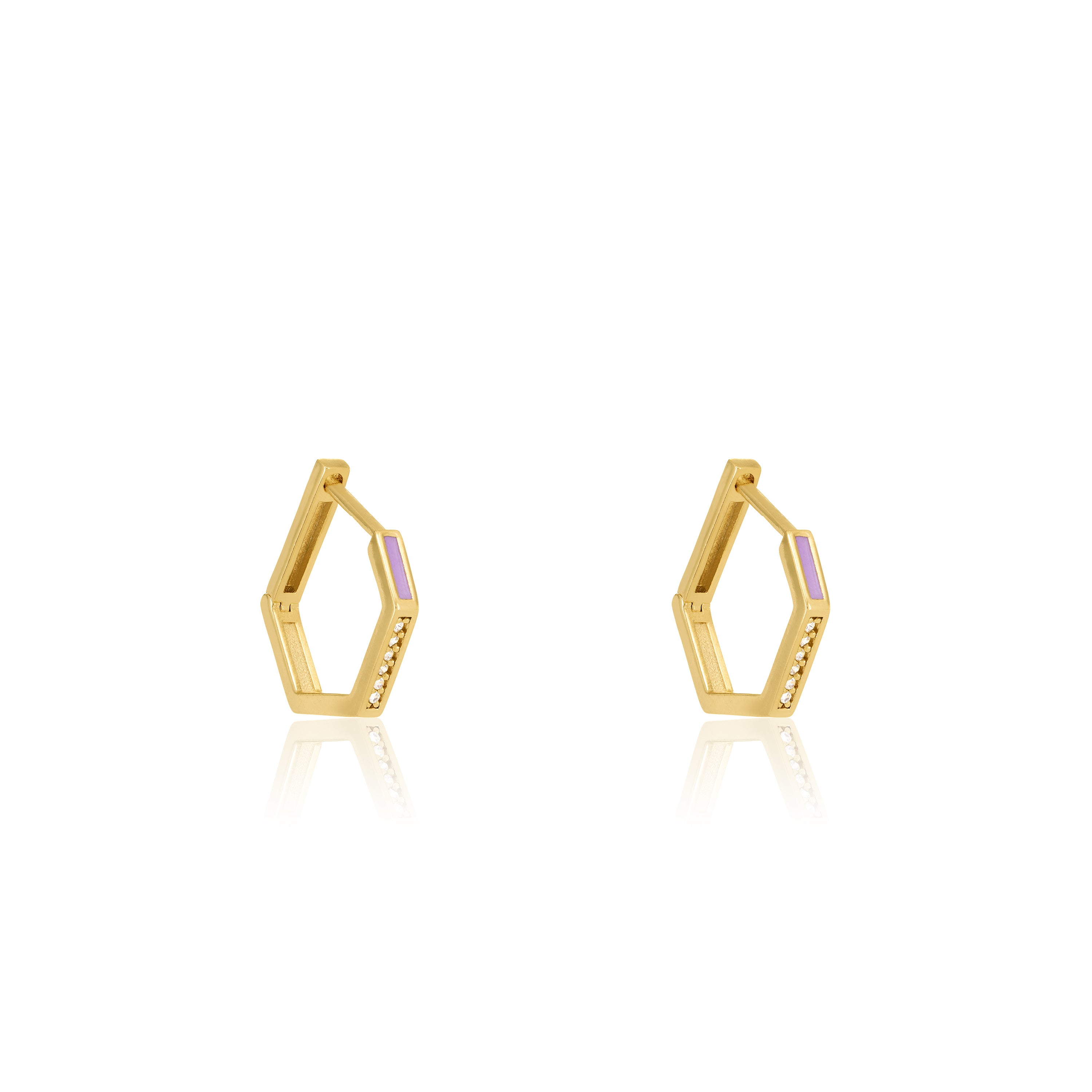 Cubic Zirconia Enamel Hexagon Shaped Hoop Earrings - Gold Purple - Small