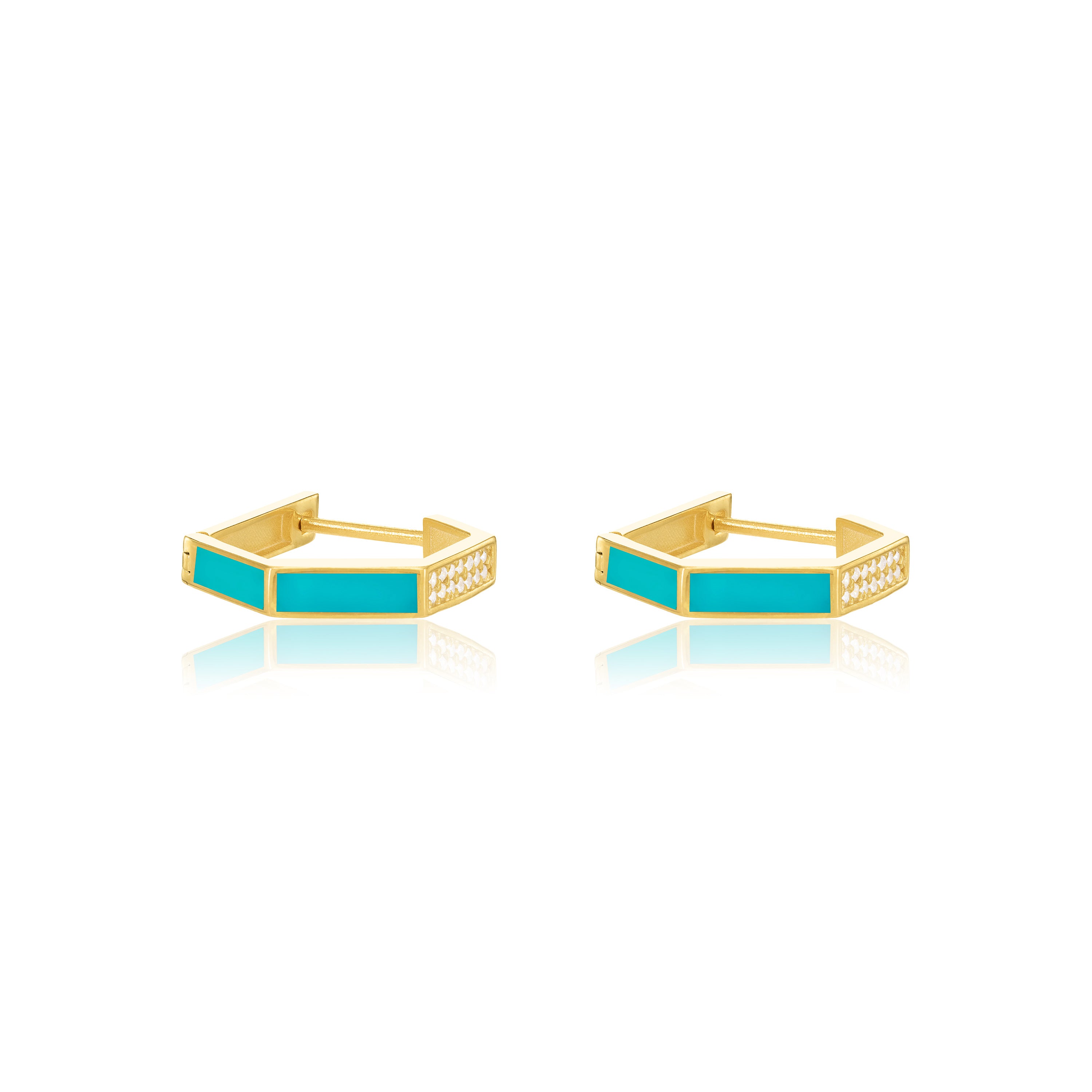 Cubic Zirconia Enamel Hexagon Shaped Hoop Earrings - Gold Turquoise - Big