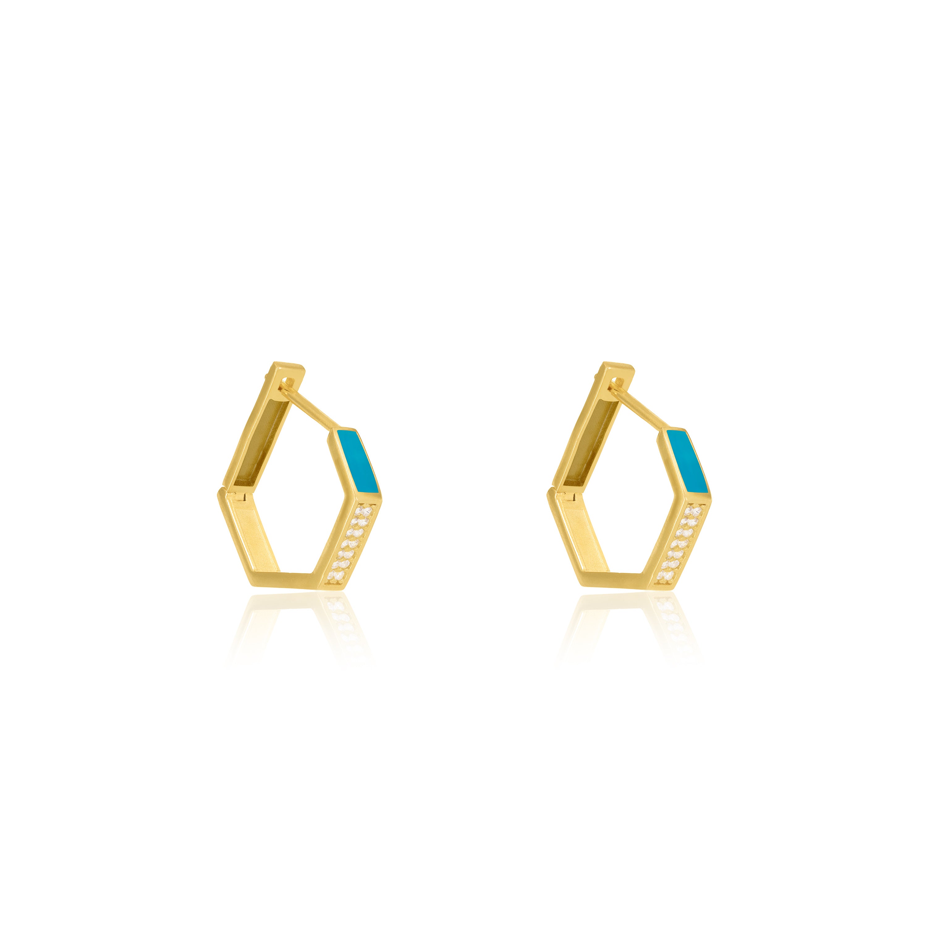 Cubic Zirconia Enamel Hexagon Shaped Hoop Earrings - Gold Turquoise - Big
