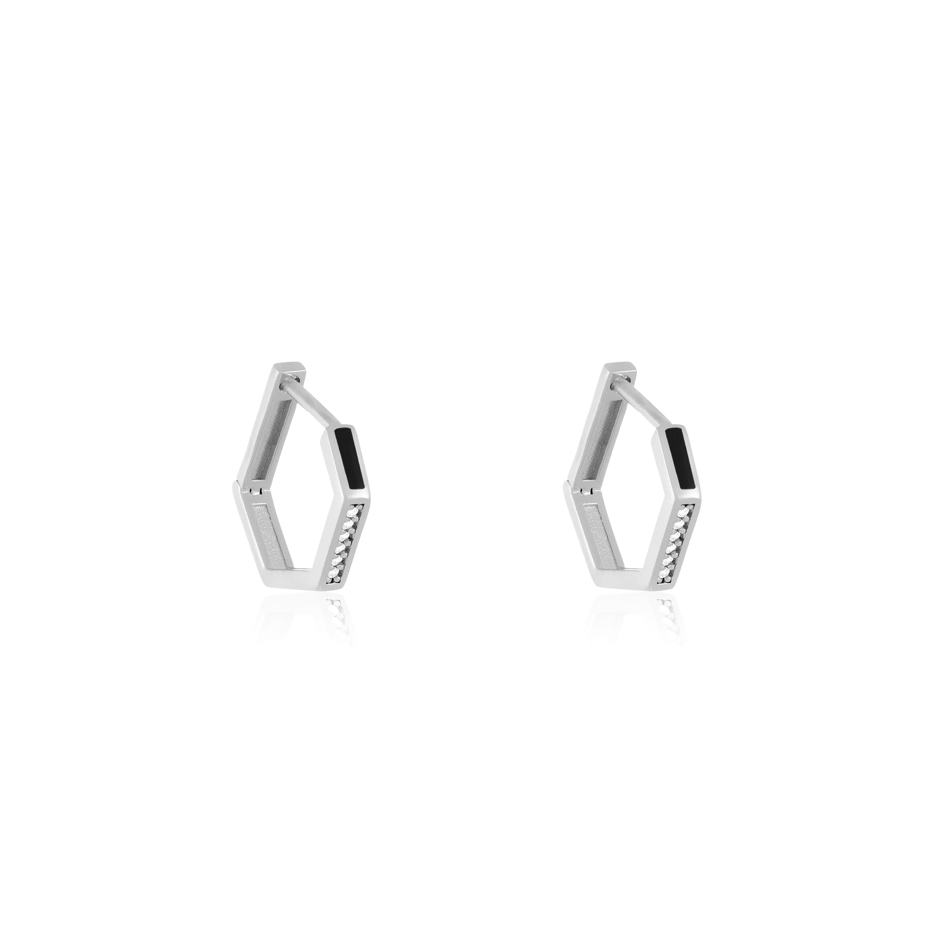 Cubic Zirconia Enamel Hexagon Shaped Hoop Earrings - Silver Black - Small