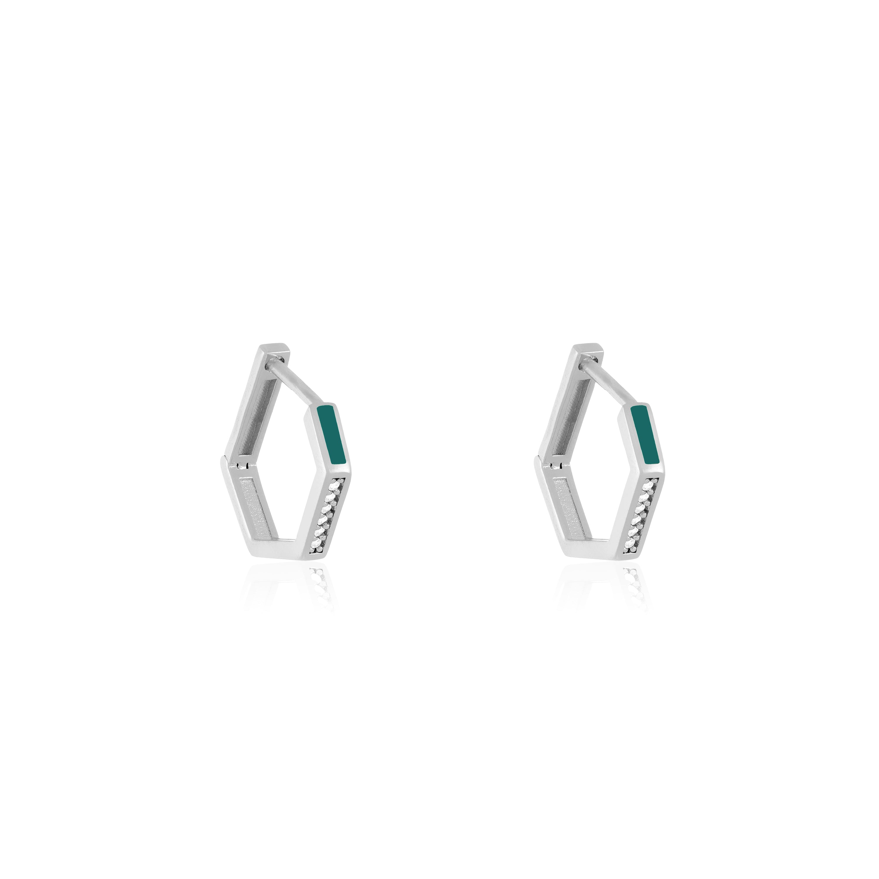 Cubic Zirconia Enamel Hexagon Shaped Hoop Earrings - Silver Dark Green - Small