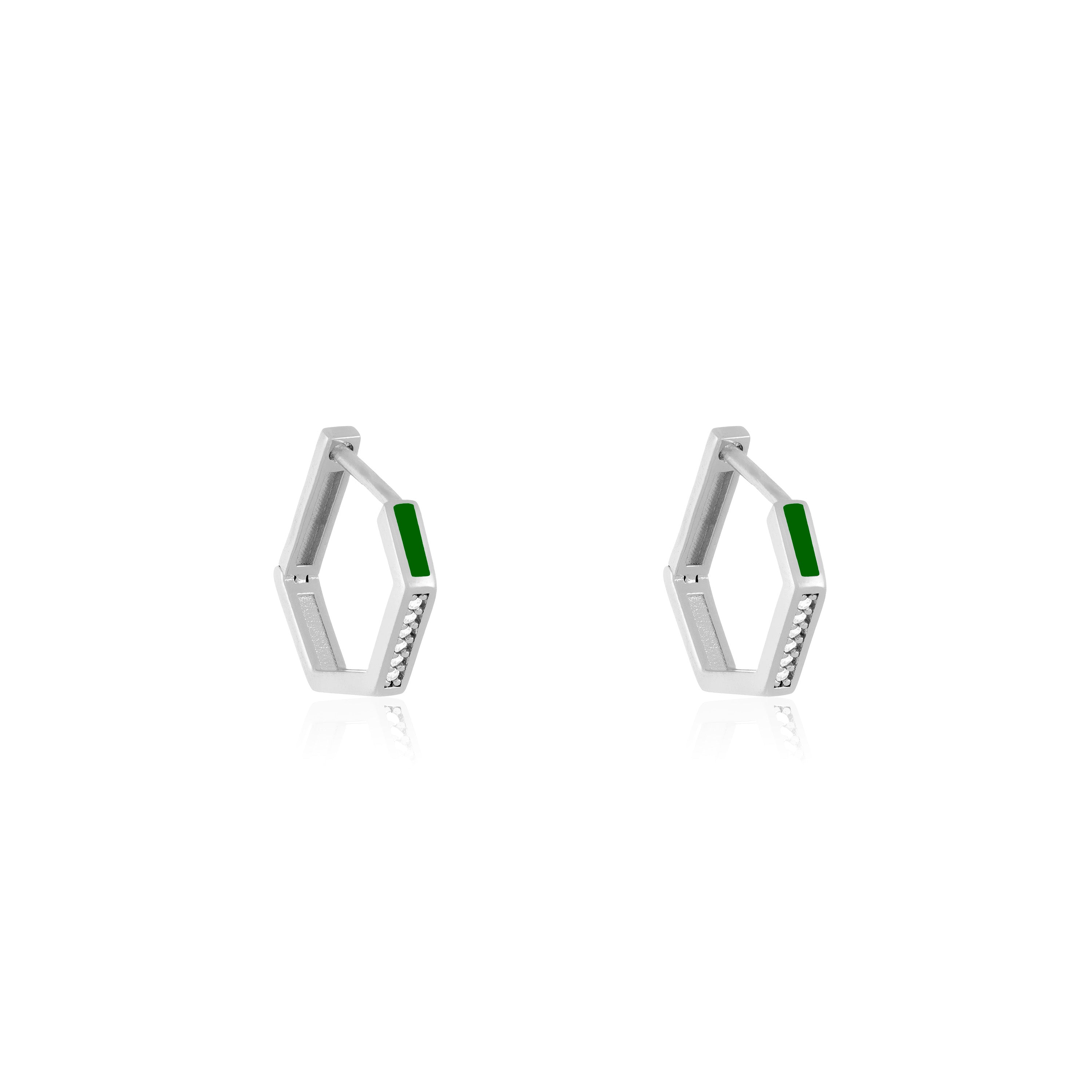 Cubic Zirconia Enamel Hexagon Shaped Hoop Earrings - Silver Green - Small